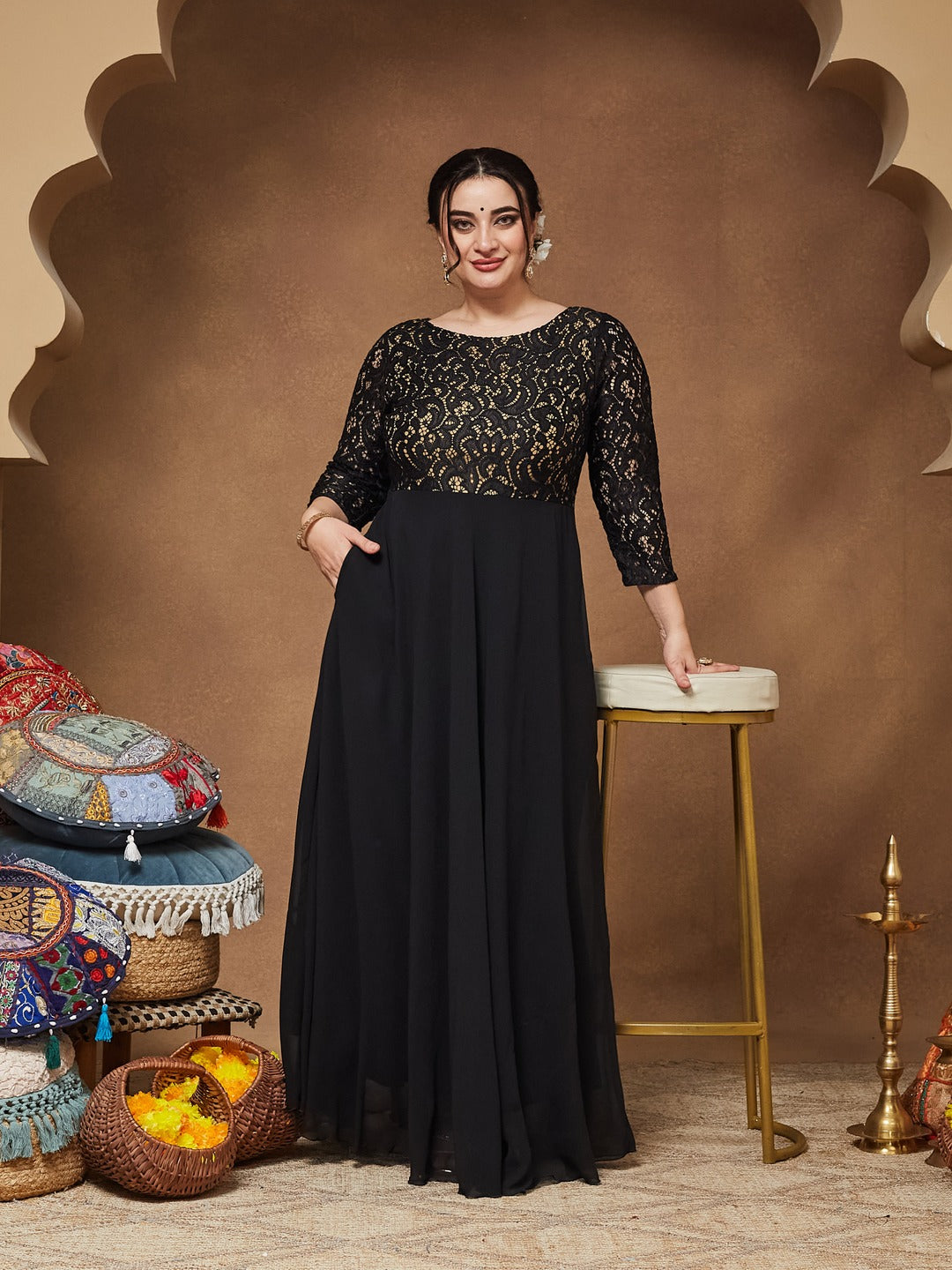 Black Self Design Boat Neck 3/4 Sleeves Side Pocketed Georgette Fit and Flare Maxi Length Dress for Women