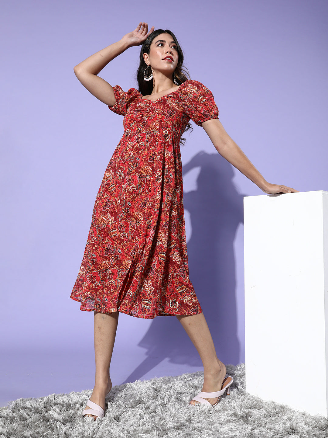 Women's Multicolored-Base-Maroon Sweetheart Half Sleeve Bohemian Fit & Flare Midi Dress