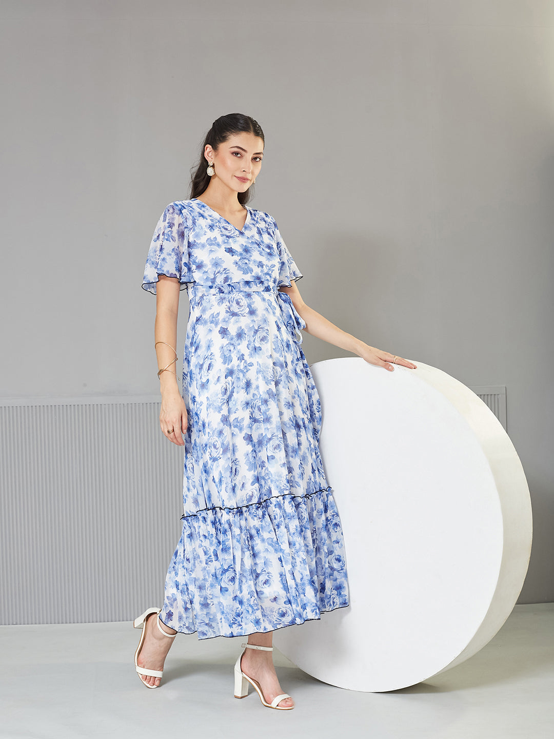 Women's Multicolored Floral Wrap Chiffon Maxi Dress with White Base & Flutter Sleeves