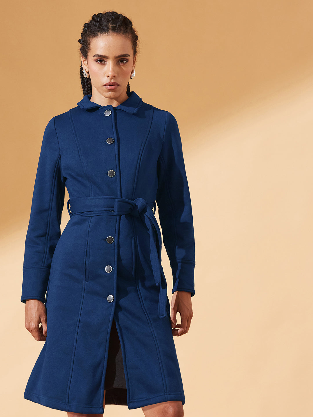 Navy-Blue Collared Full Sleeve Solid Tie-up Longline Jacket for Women