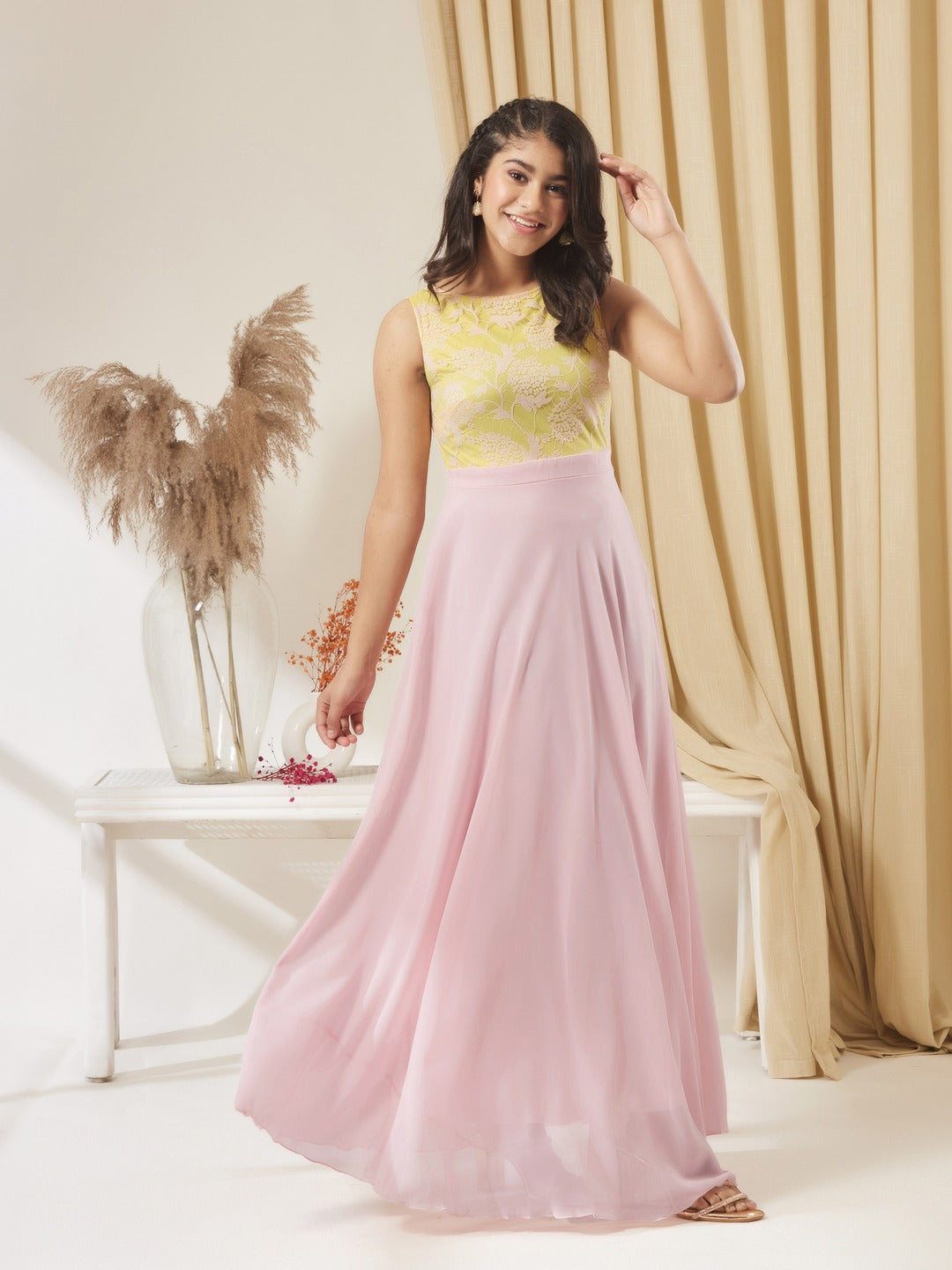 Dusty Pink Boat Neck Sleeveless Self Design Lace Overlaid Georgette Maxi Dress for Girls/Teenagers
