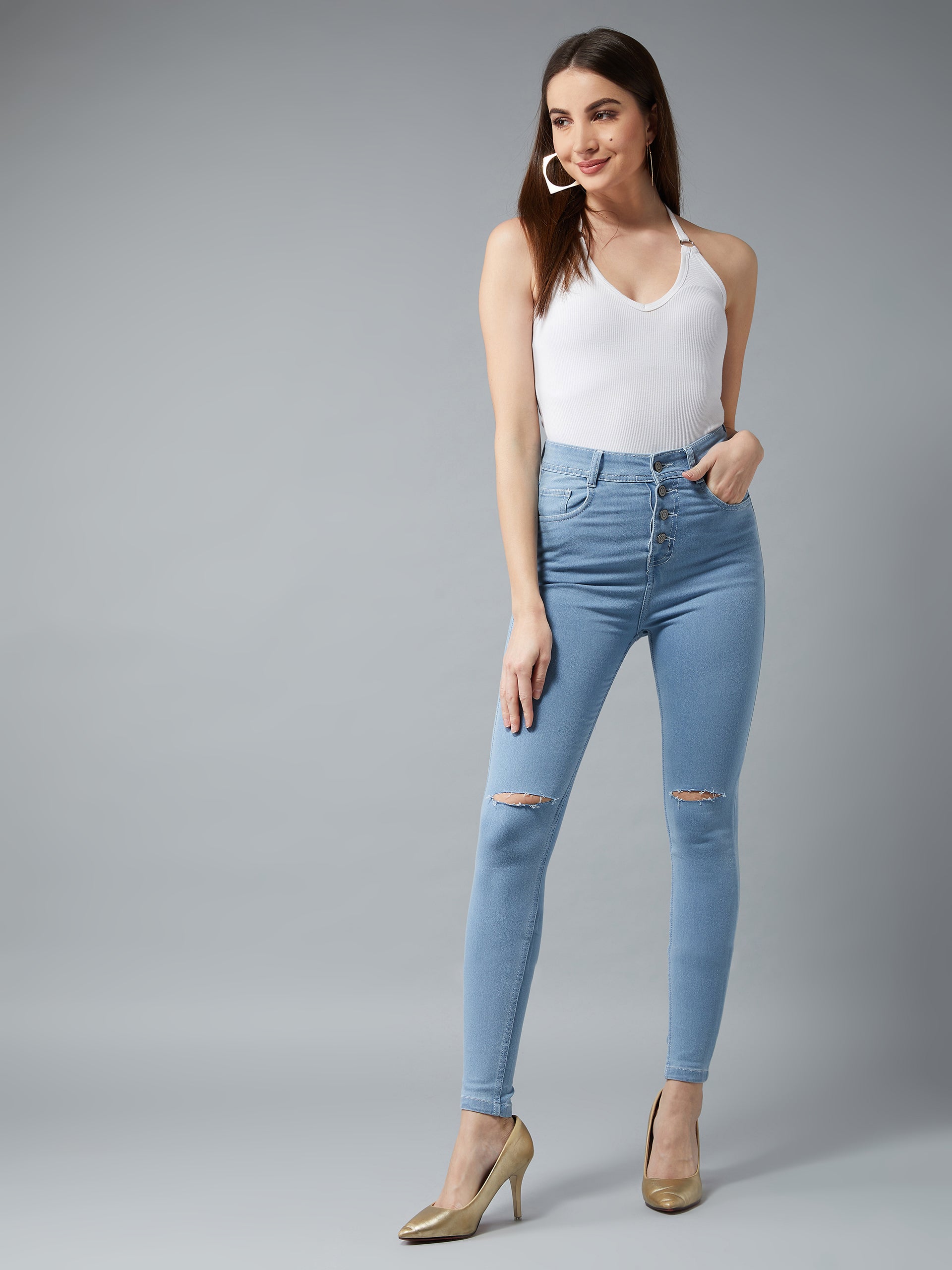 Women's Light Blue Skinny High-Rise Distressed Denim Jeans