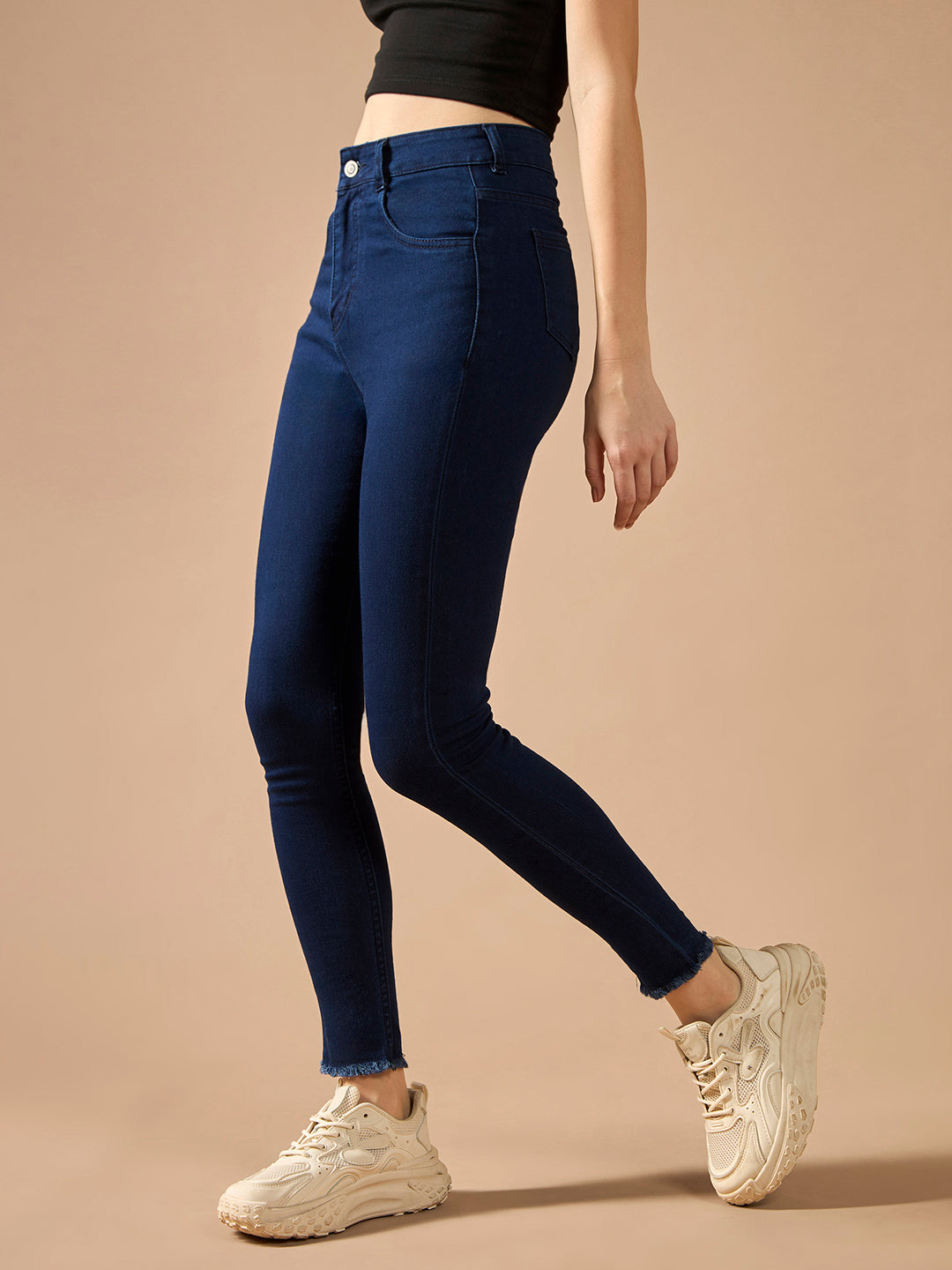 24/7 Comfort Navy-Blue Skinny High-Rise Solid Cropped Fringed Hemline Stretchable Denim Jeans