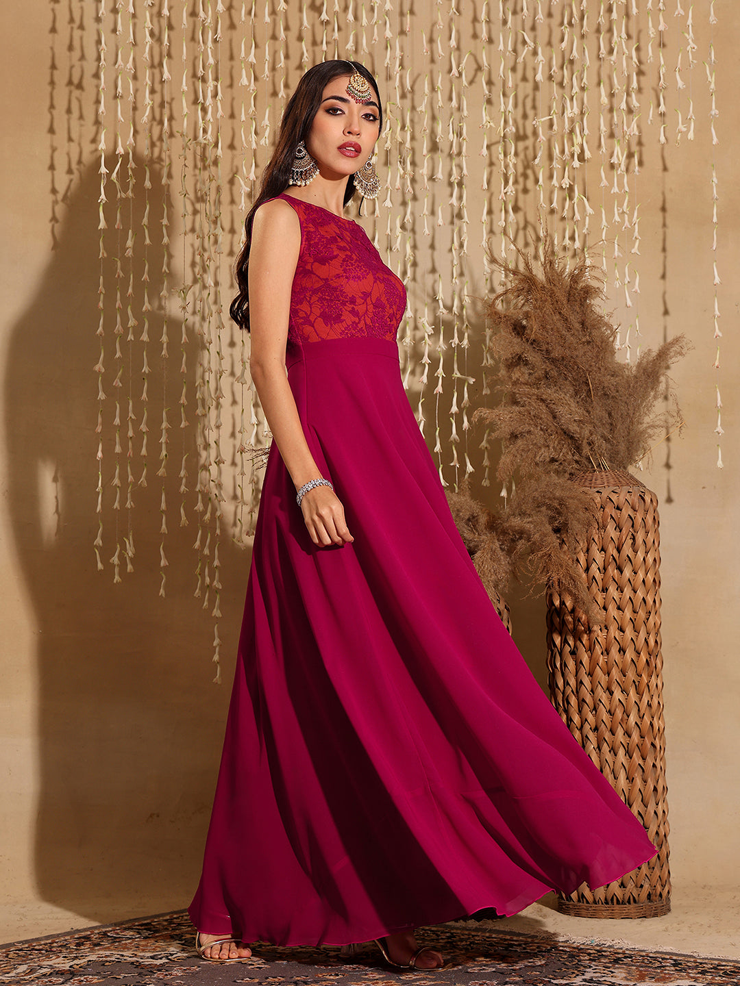 Women's Dark Pink & Rust Boat Neck Sleeveless Self Design Lace Overlaid Regular Dress