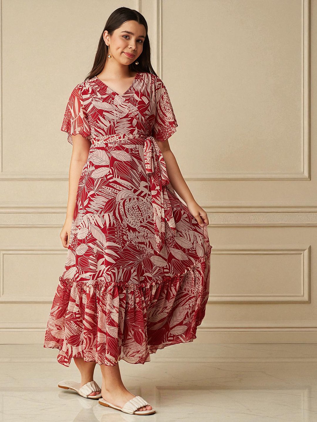 Multicolored-Base-Maroon V Neck Flared Sleeve Floral Wrap Maxi Dress for Women