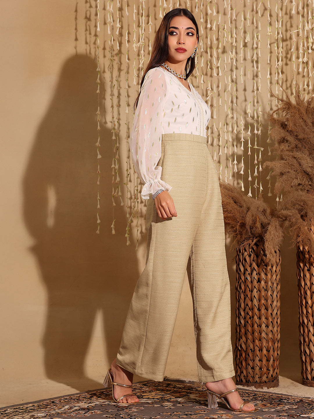 Women's Off White & Beige V-Neck Bishop Sleeve Self Design Frilled Regular-Length Polyester Jumpsuit
