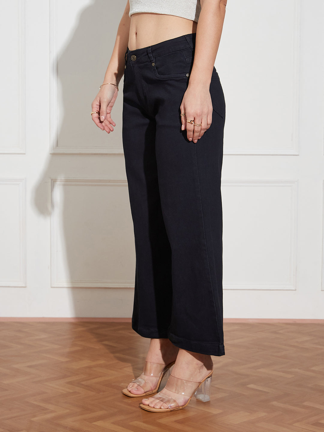 Black Wide-Leg Mid Rise Clean Look Cropped Stretchable Denim Jeans for Women