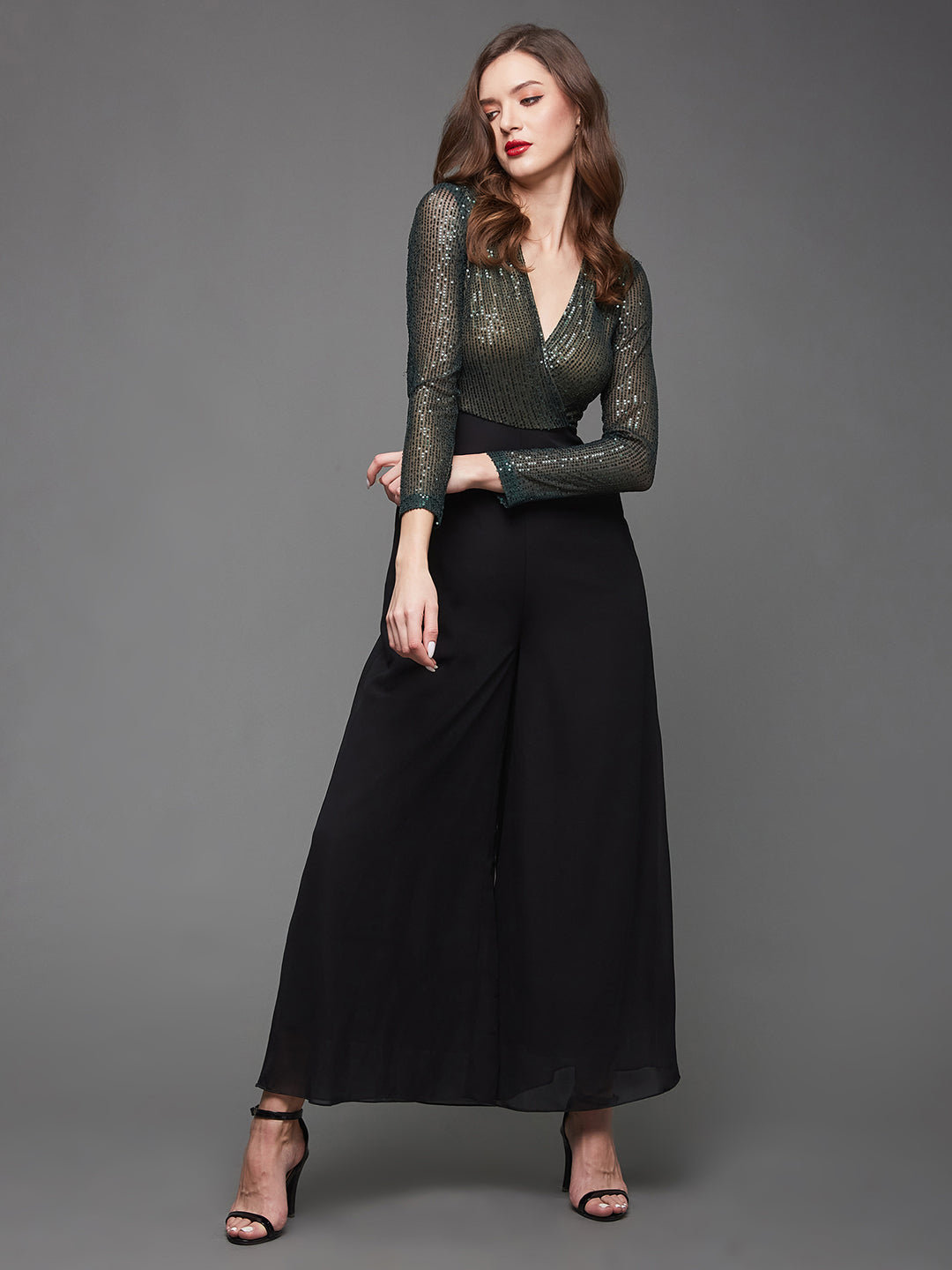 Women's Black V-Neck Full Sleeve Sequined Wrap Georgette Party Jumpsuit