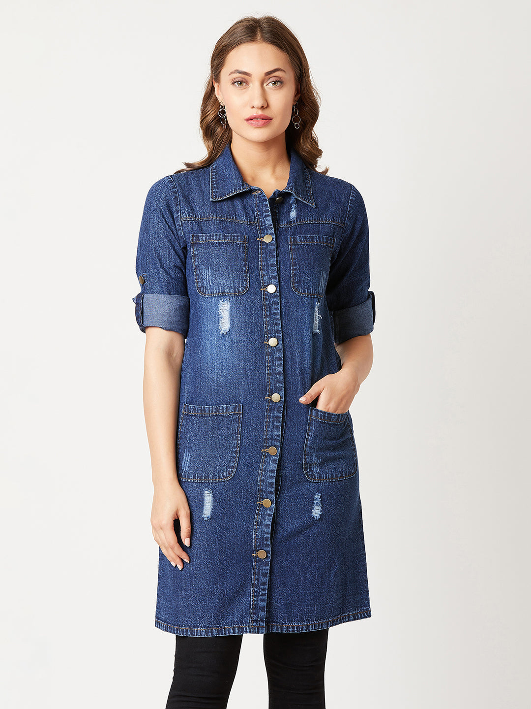 Women's Navy Blue Solid Polo Neck Full Sleeves Patch Pocket Denim Overcoat Knee-Length Jacket