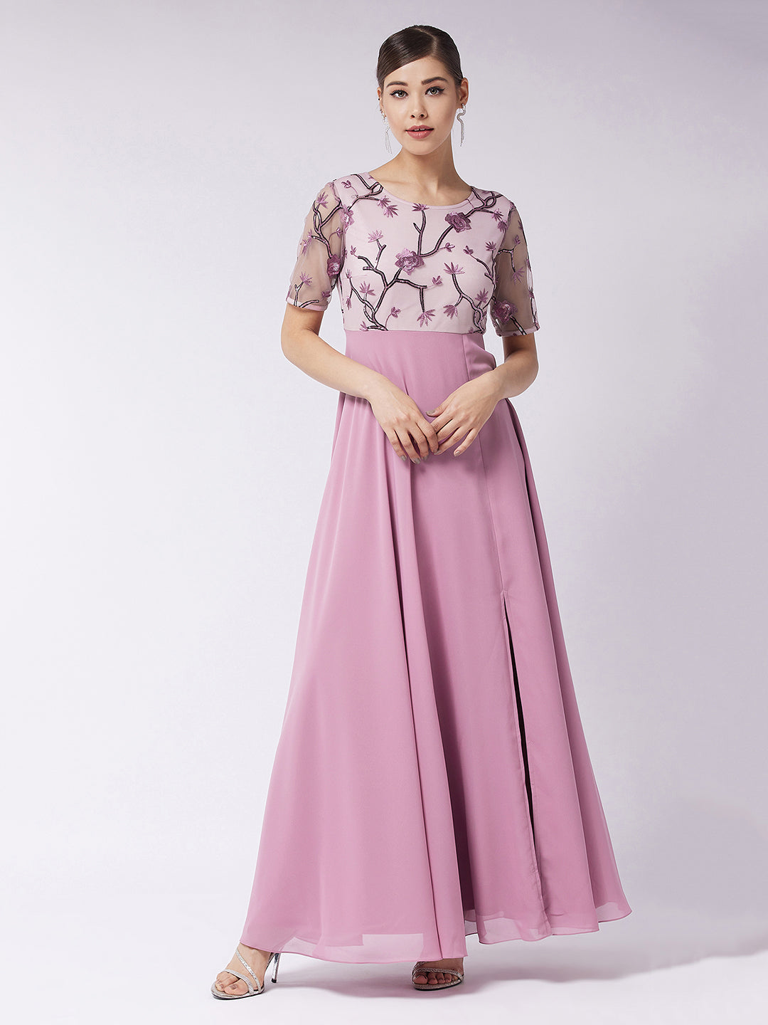 Women's Dusty Lavender Round Neck Half Sleeve Solid Embellished Maxi Dress
