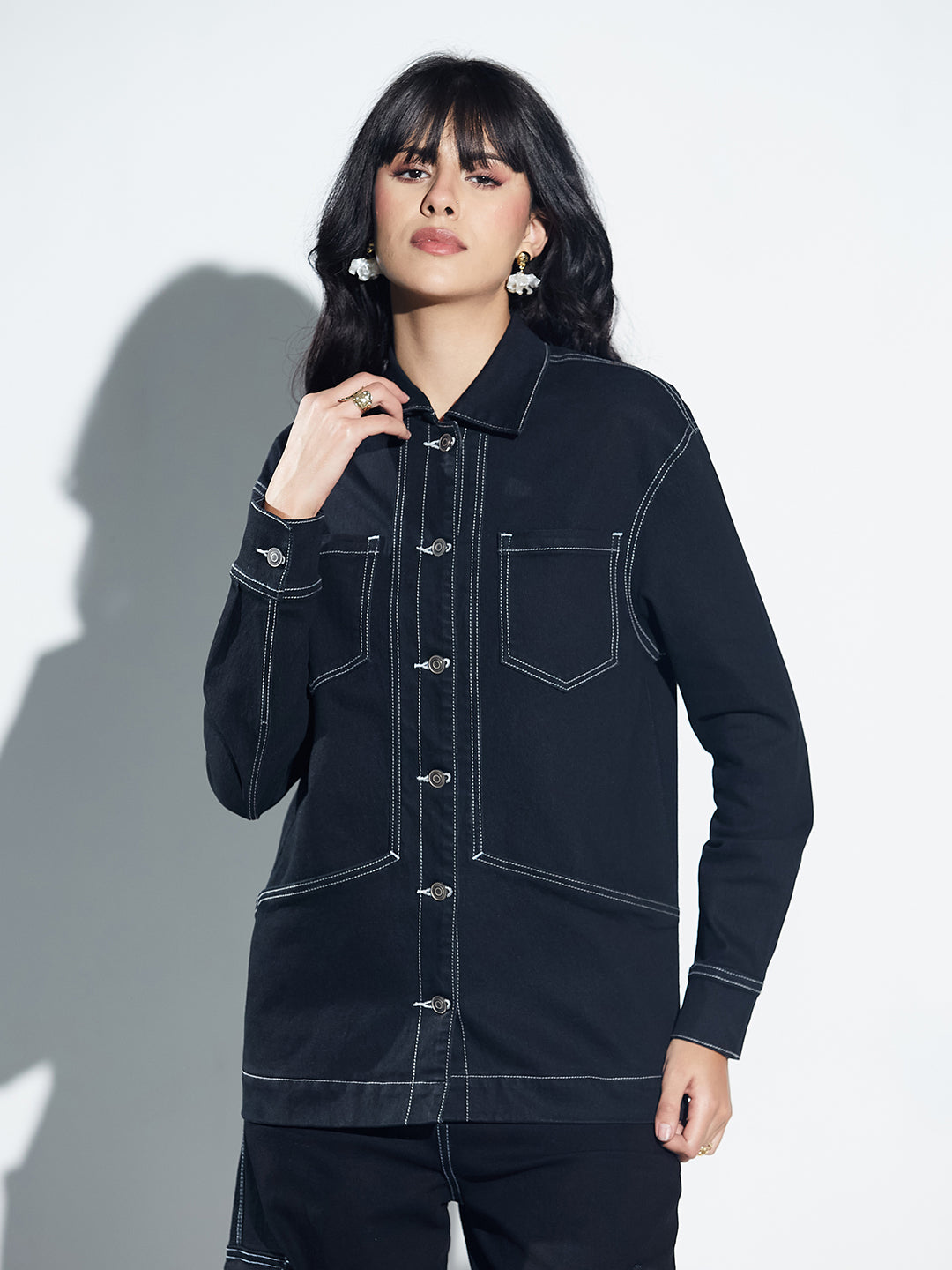 Black Shirt Collar Full Sleeve Panelled Contrast Stitch Oversized Denim Jacket for Women