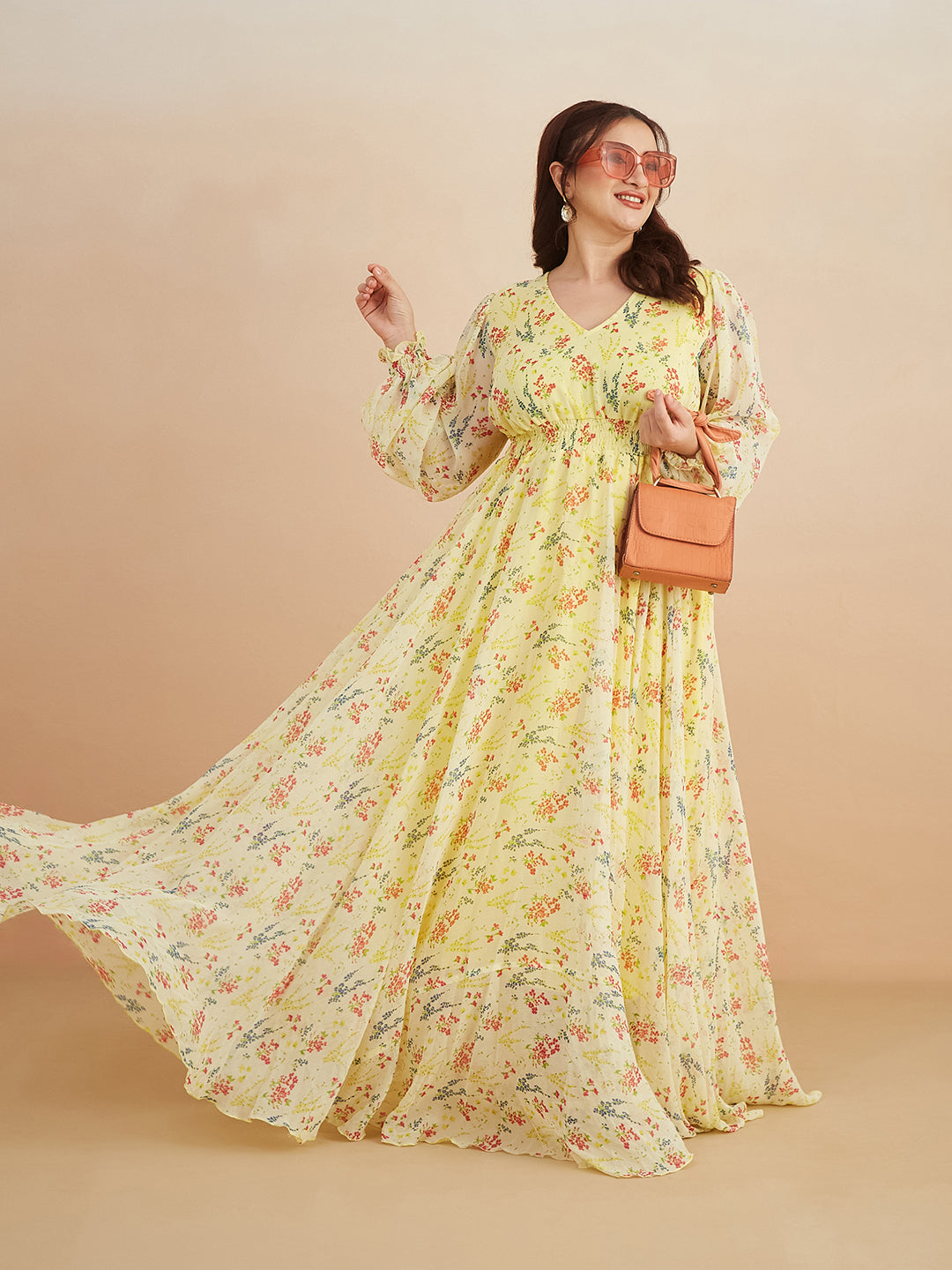 Multicolored-Base-Lime Yellow V-Neck Bishop Sleeve Floral Gathered Chiffon Maxi Dress for Women