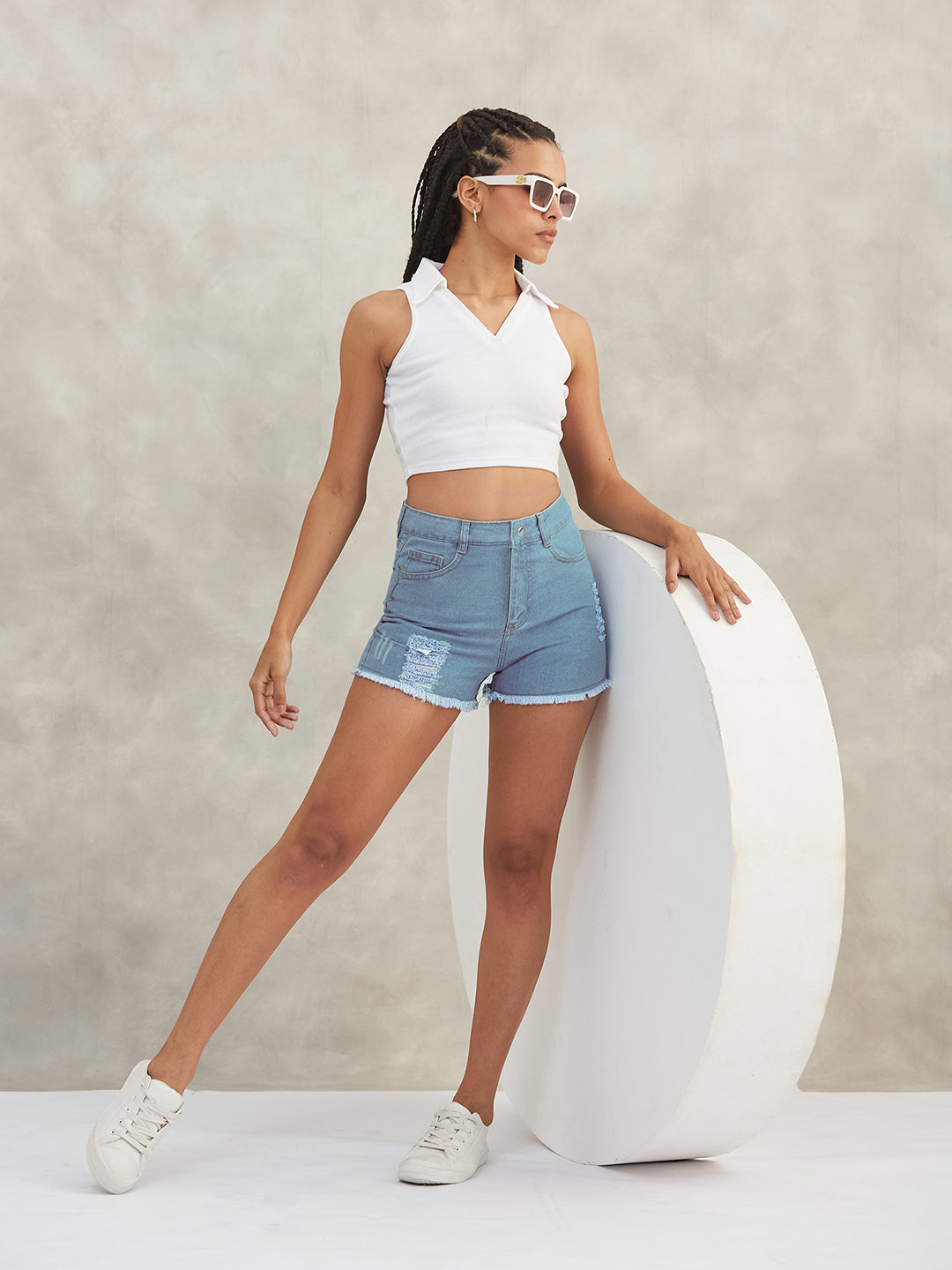 Women's Blue Relaxed-Fit High-Distress Mid-Rise Ripped Denim Shorts