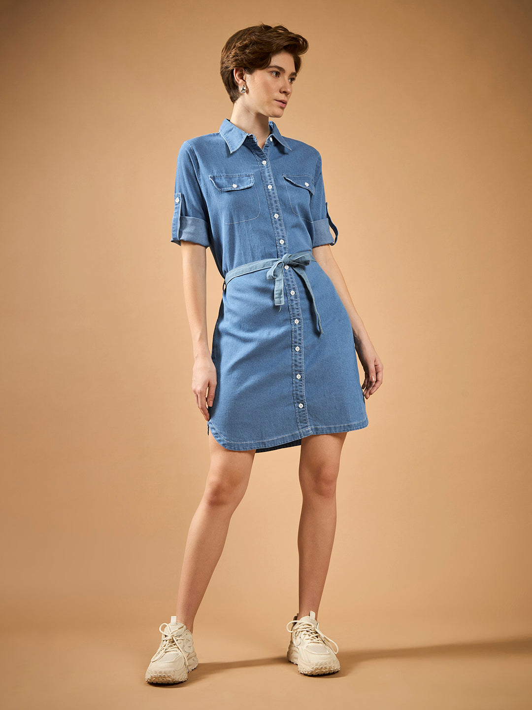 Women's Light Blue Round Neck Roll Up Sleeve Solid Buttoned Mini Belted Collared Denim Shirt Dress