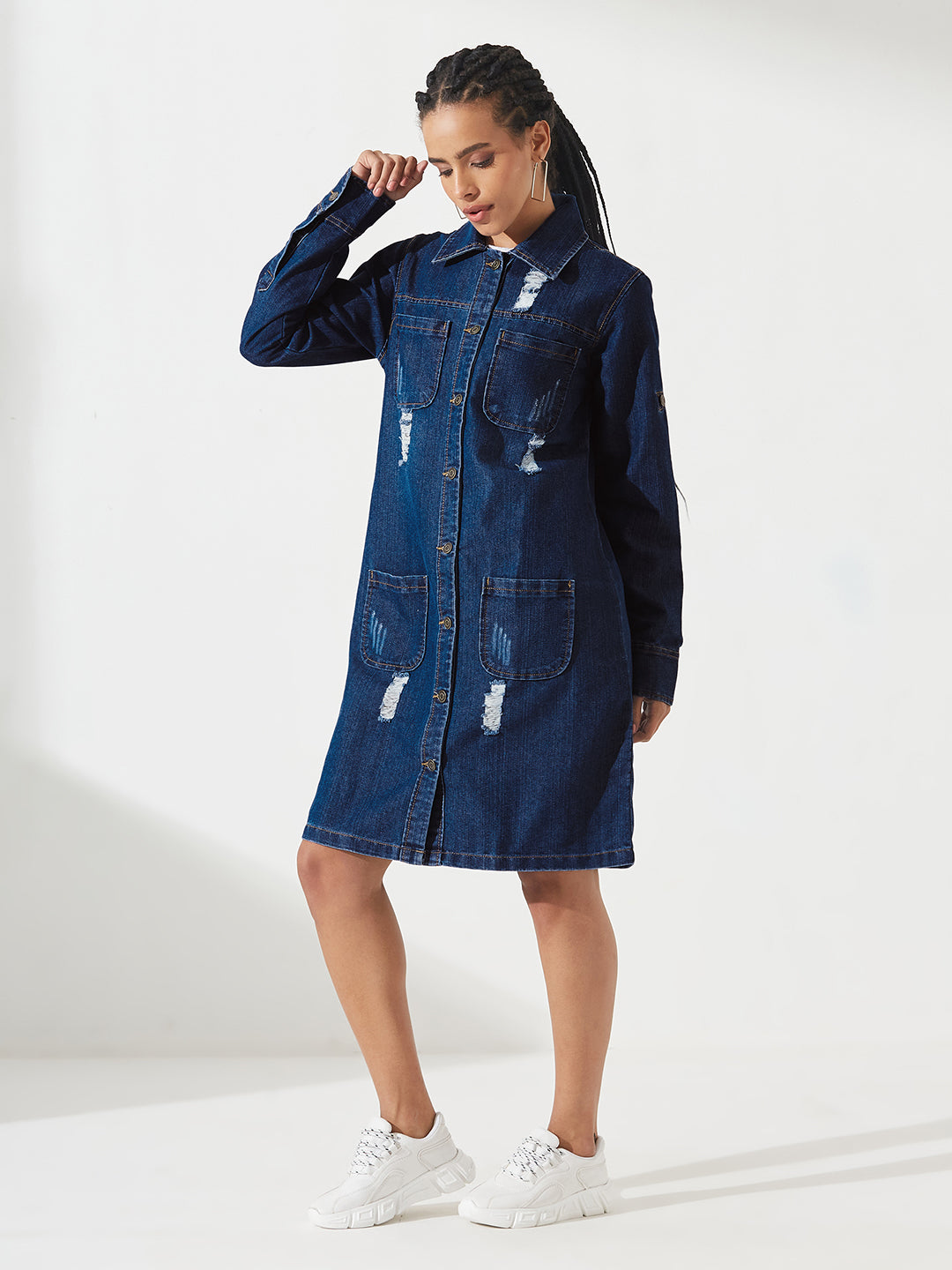 Navy-Blue Solid Polo Neck Full Sleeves Patch Pocket Denim Overcoat Knee-Length Jacket for Women