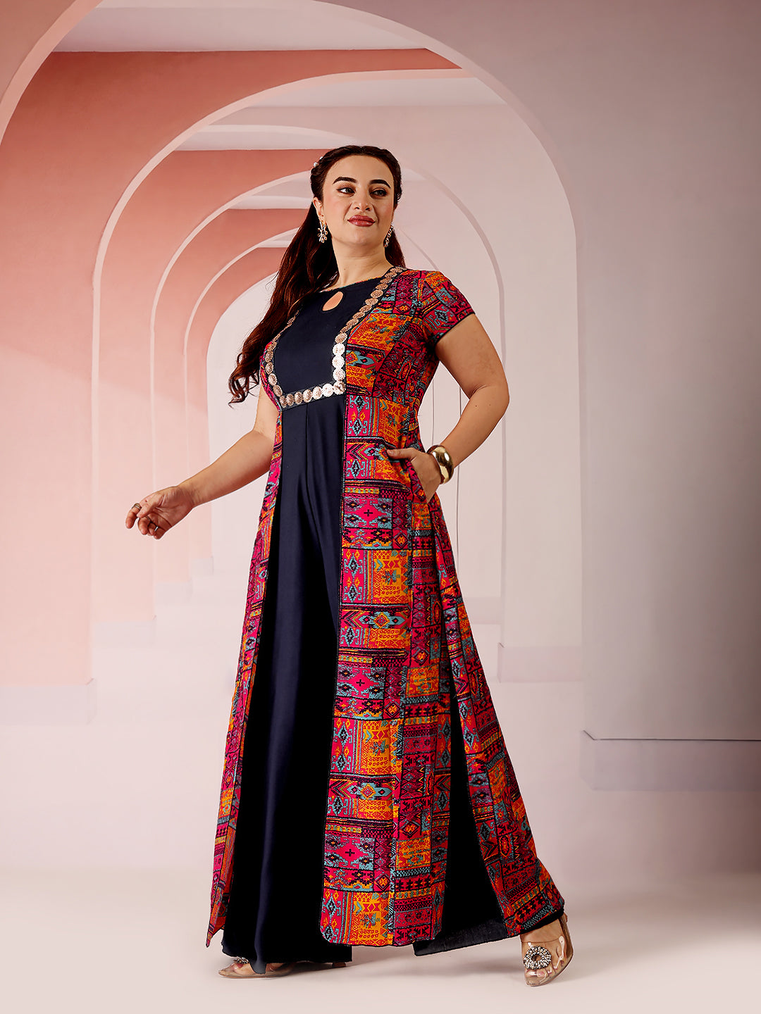 Body Bliss Multicolored-Base-Navy-Blue Keyhole-Neck Regular Sleeve Bohemian Panelled Viscose-Rayon Regular-Length Jumpsuit for Women