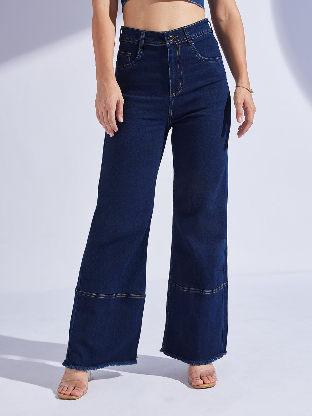 Women's Navy Blue Wide Leg High-Rise Stretchable Denim Jeans
