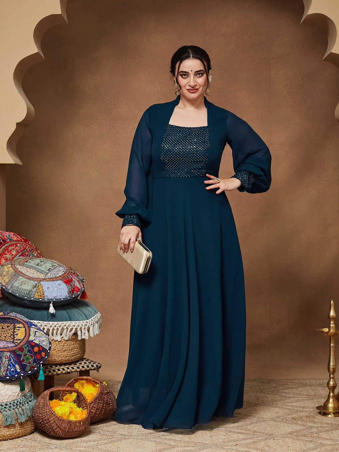 Teal Mandarin-Collar Bishop Sleeve Embellished Panelled Georgette Maxi Dress for Women