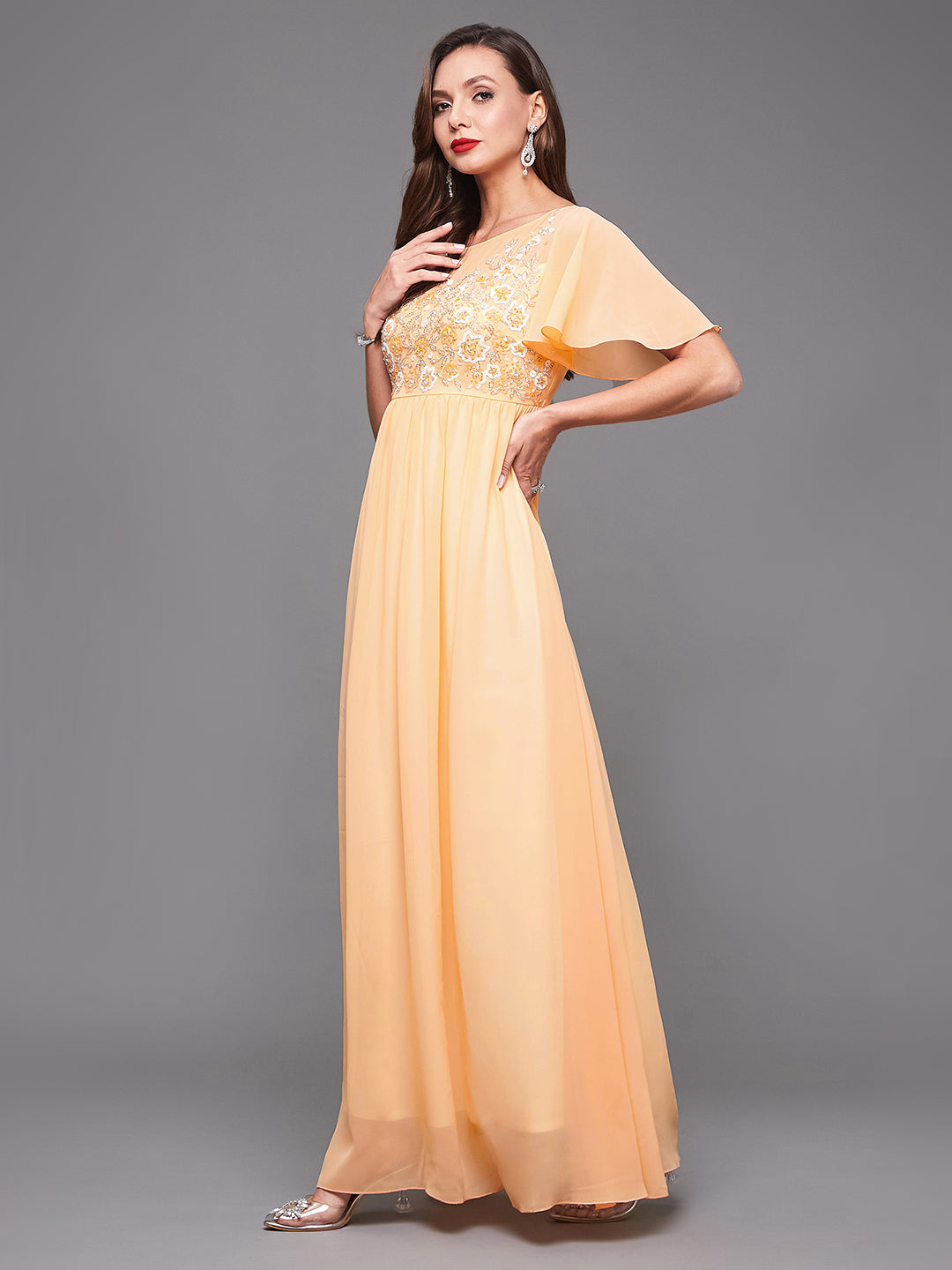 Women's Peach Boat Neck Half Sleeve Solid Embellished Georgette Maxi Dress