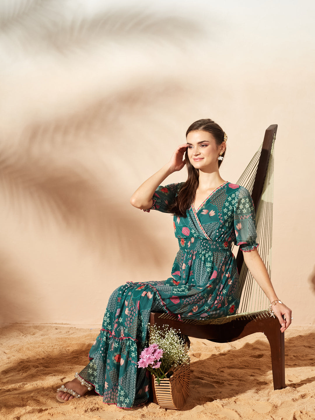 Emerald Green V-Neck Puff Bohemian Overlap/ Tiered Maxi Chiffon Ethnic Dress for Women — Miss Chase