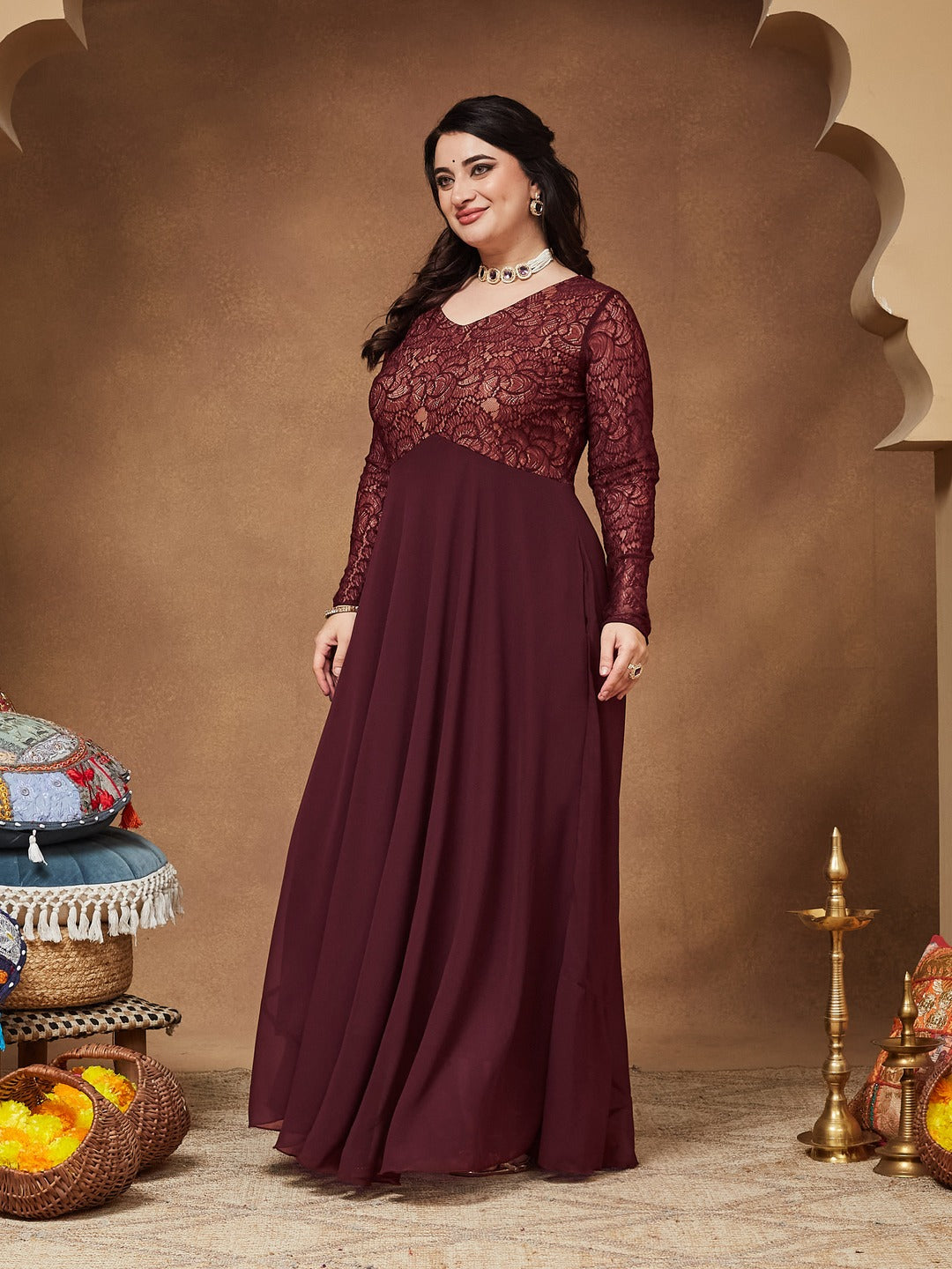 Wine V-Neck Full Sleeve Self Design Lace-Overlaid Georgette Maxi Dress for Women