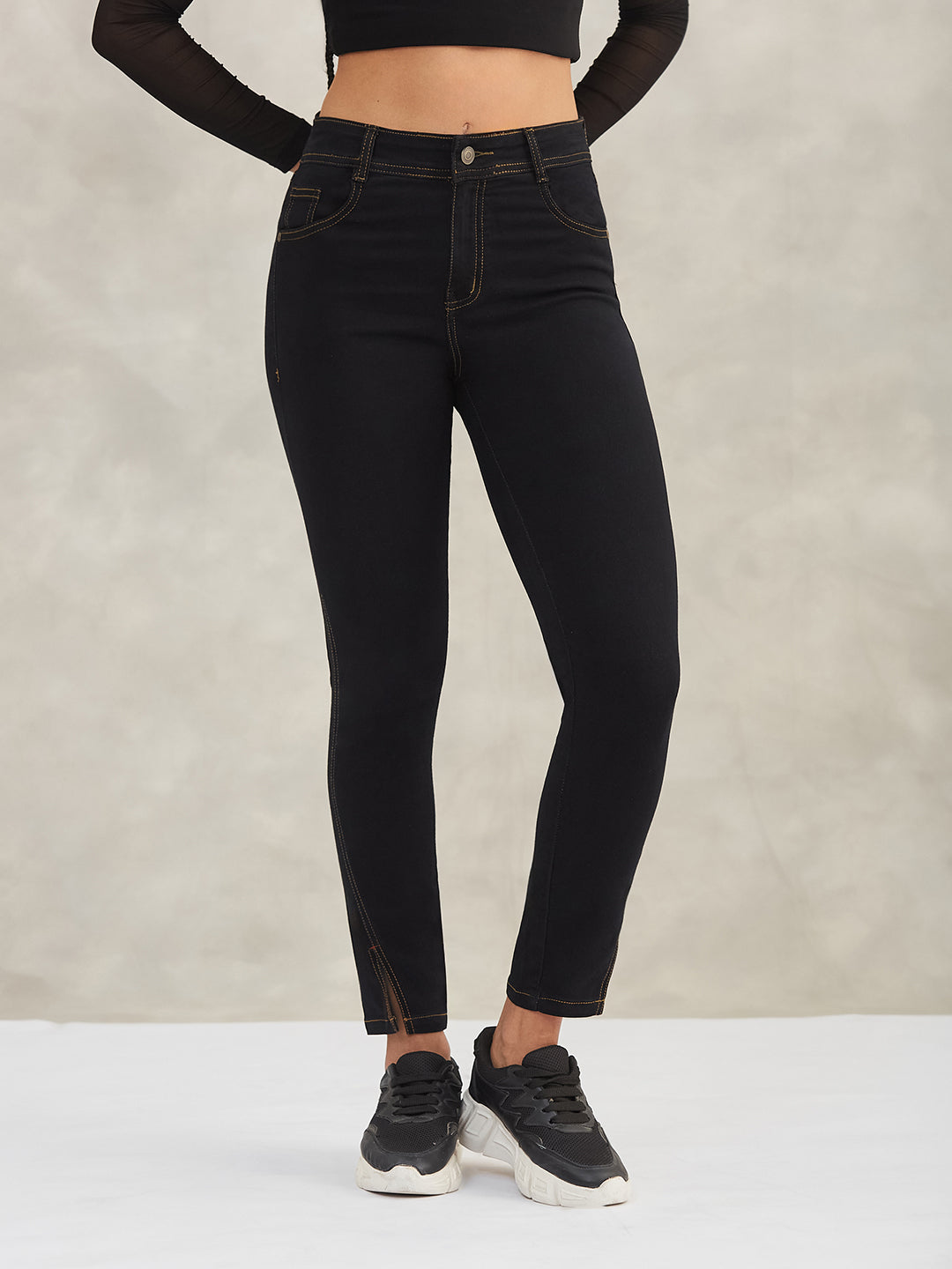 Women's Black Skinny High-Rise Side-Slit Solid Stretchable Denim Jeans