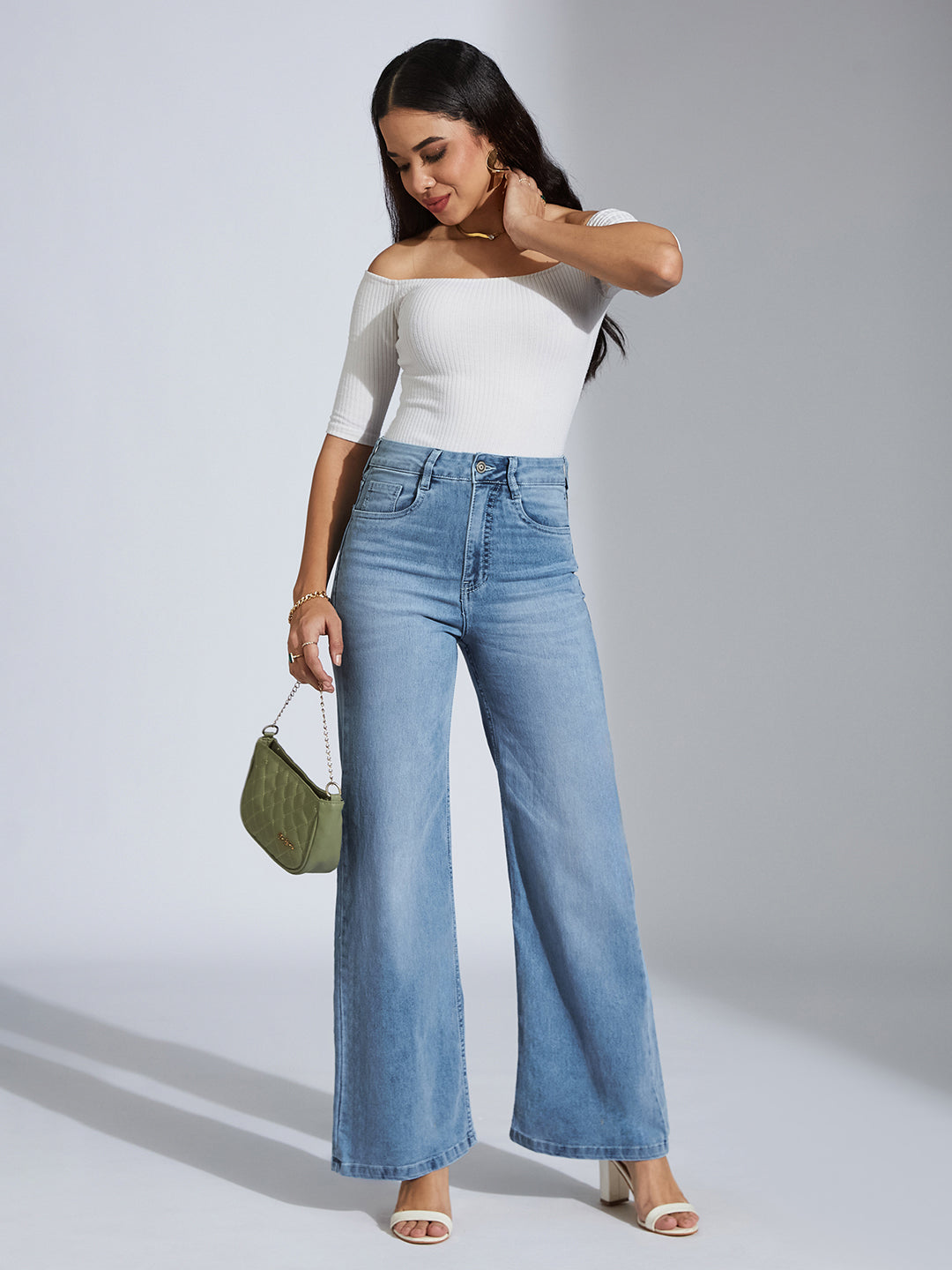 CHASEshape™ Light-Blue Wide-Leg High-Rise Clean-Look Stretchable Denim Jeans
