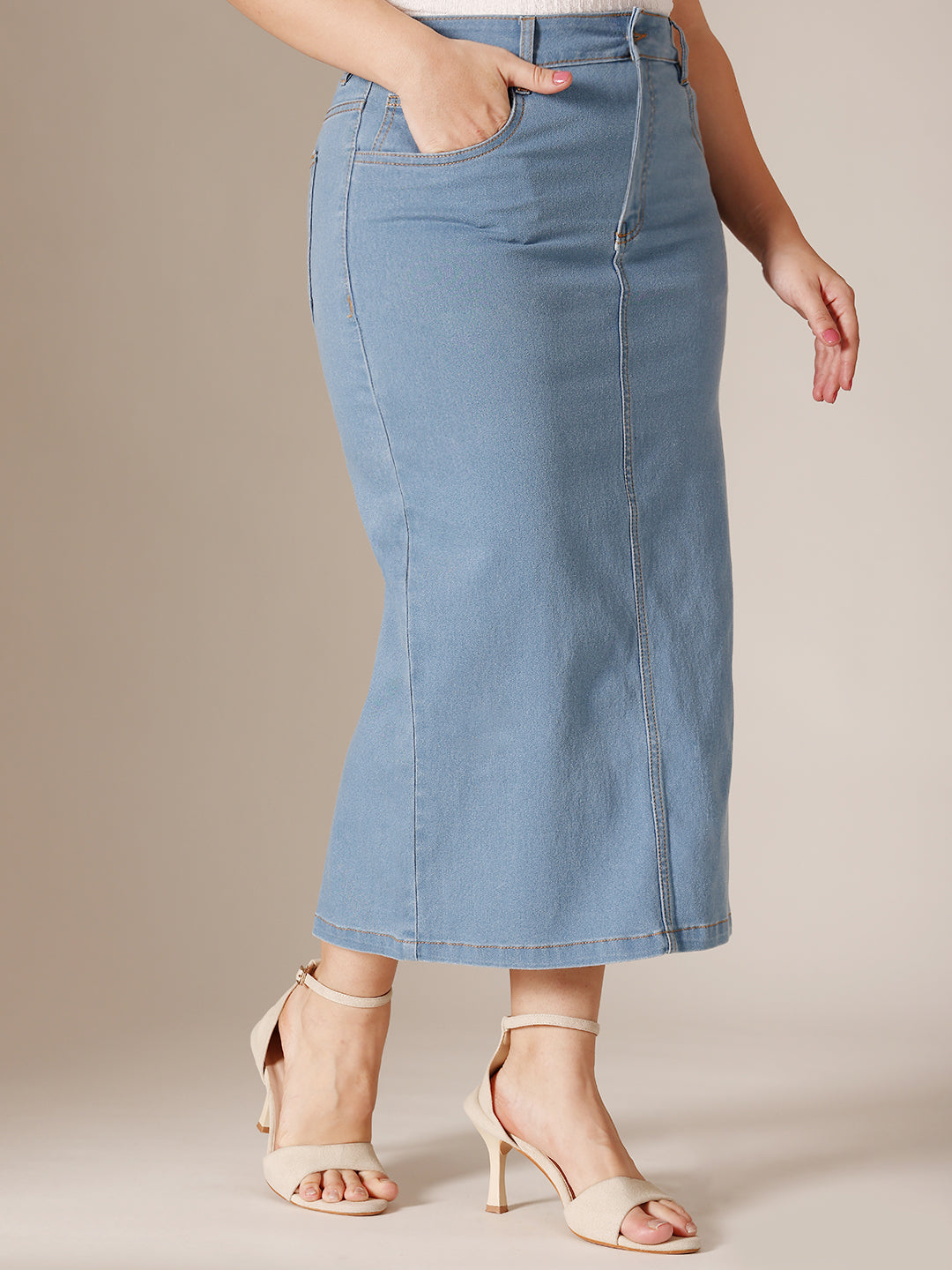 Light-Blue Straight-Fit High-Rise Midi Stretchable Denim Skirt for Women