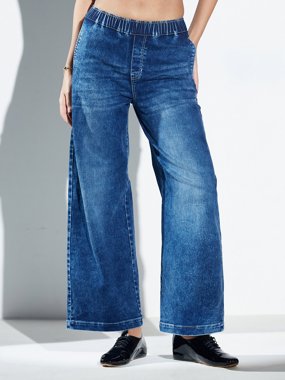 Navy Blue Wide Leg High-Rise Elasticated Waist Heavy Wash Stretchable Denim Jeans For Women