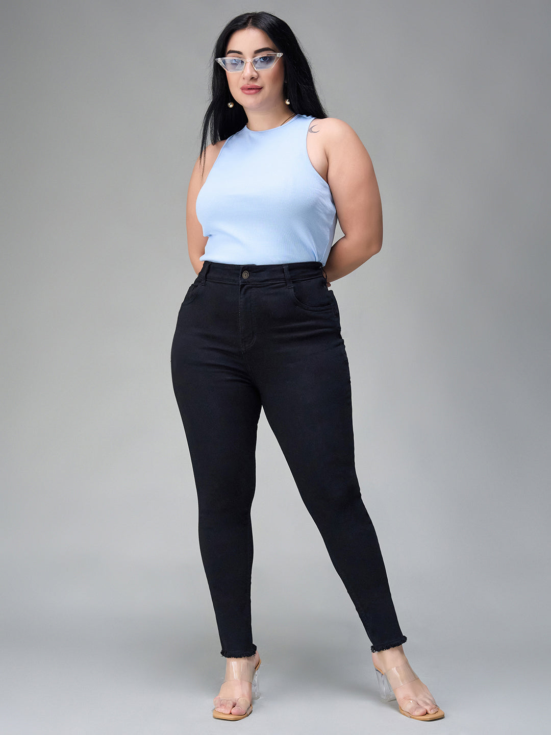 24/7 Comfort Black Skinny Fringed Detailing High-Rise Solid Cropped Stretchable Denim Jeans