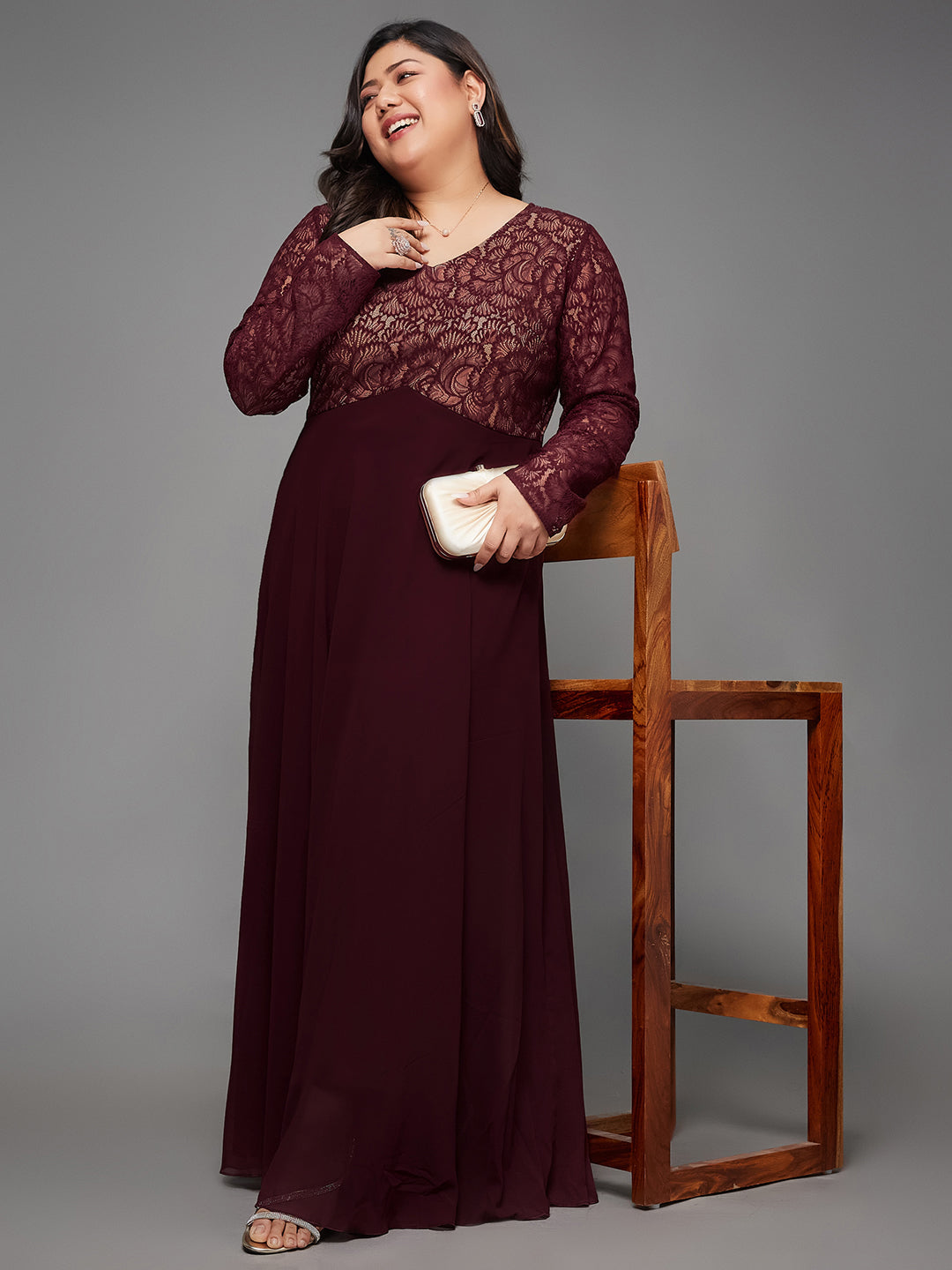 Wine V-Neck Full Sleeve Self Design Lace-Overlaid Georgette Maxi Dress for Women