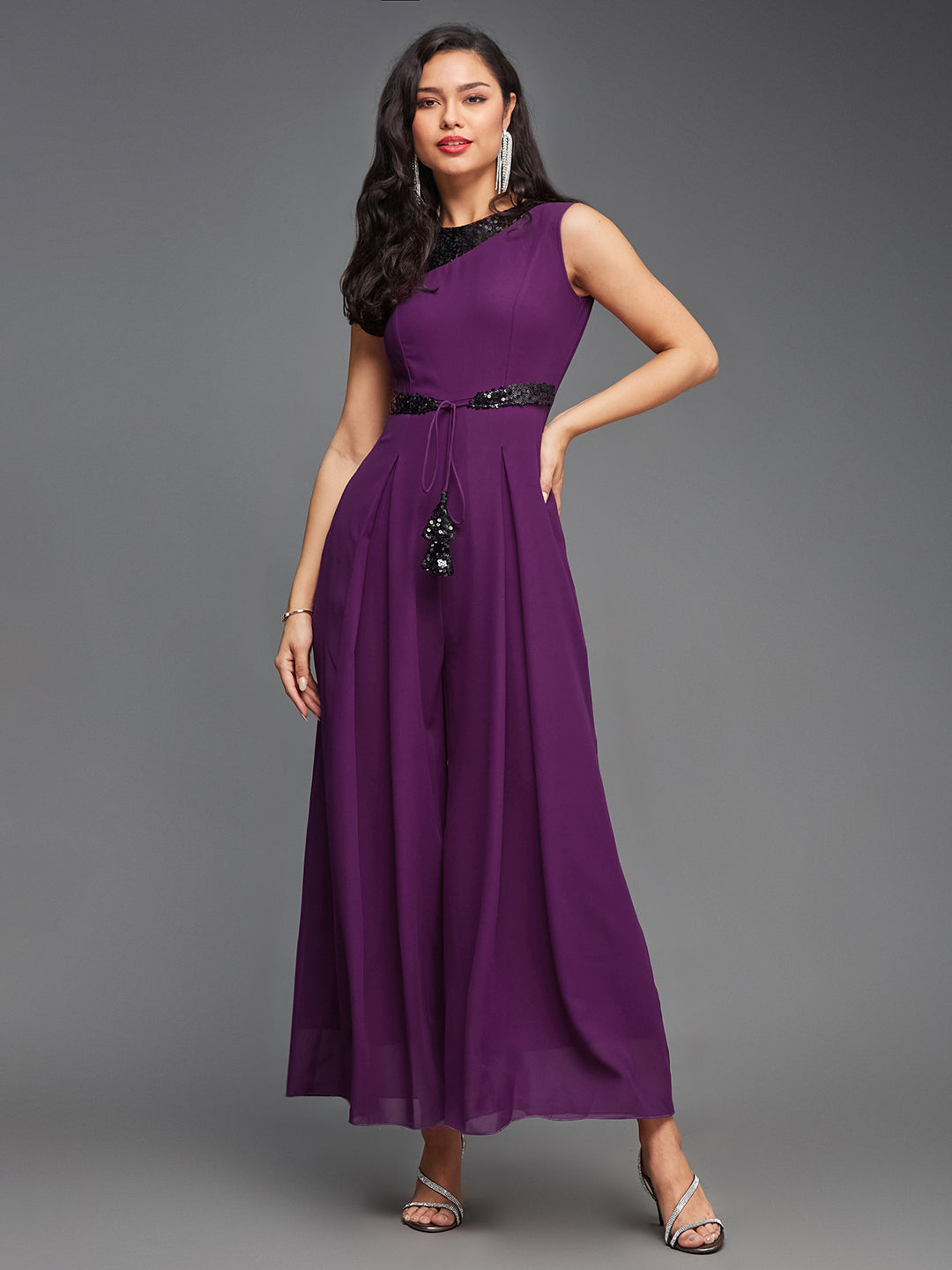 Women's Dark Purple Sequined Relaxed Fit Sleeveless Round Neck Ankle-Length Straight Party Jumpsuit