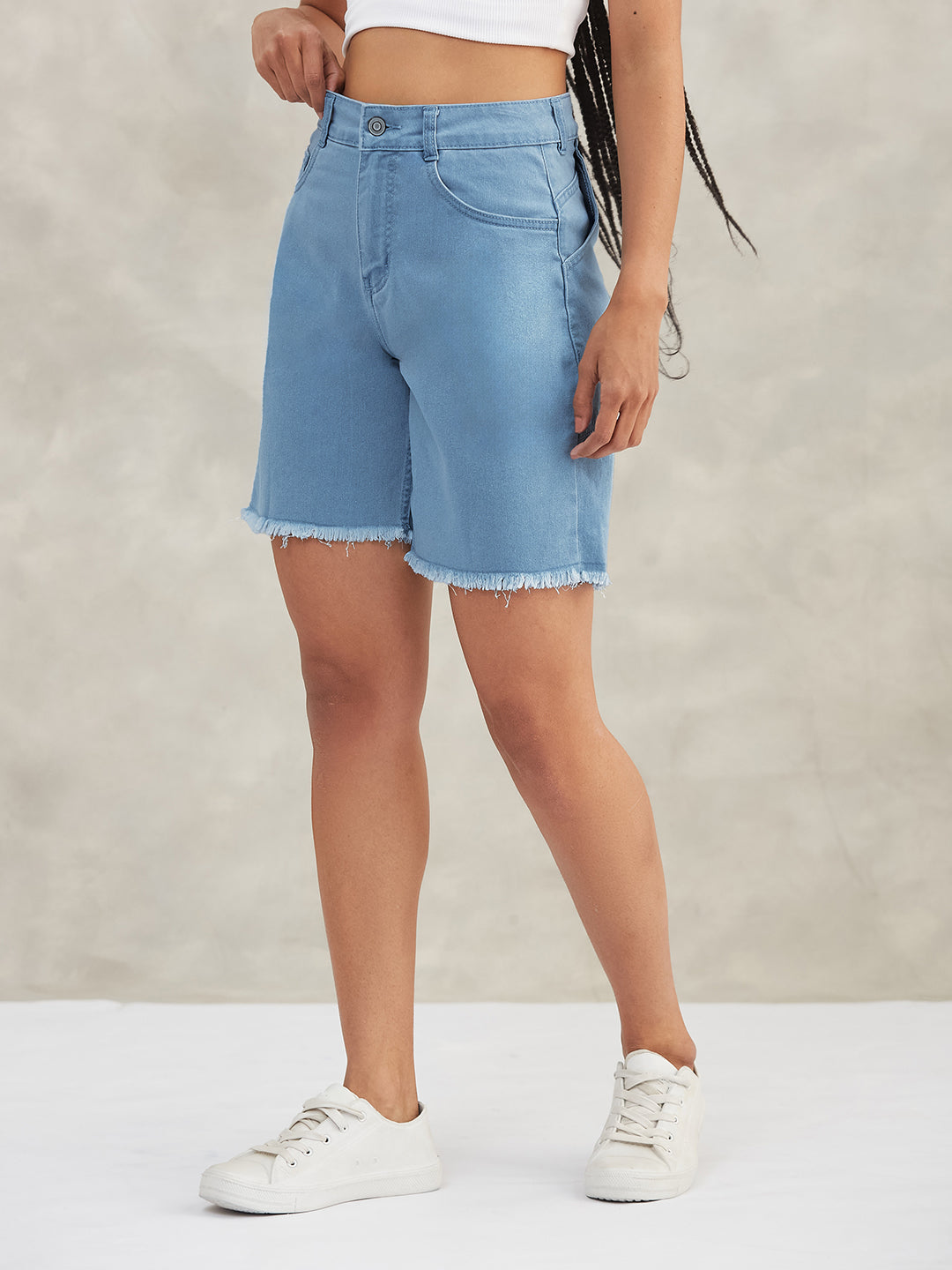 Light Blue High-Rise Above-Knee Stretchable Denim Shorts for Women