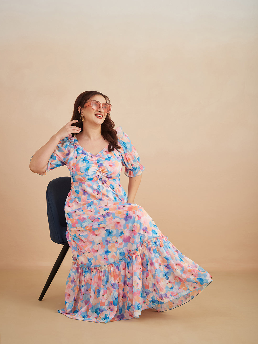Multicolored-Base-Sky Blue V-Neck Puff Sleeve Floral Ruching Ankle-Length Dress for Women