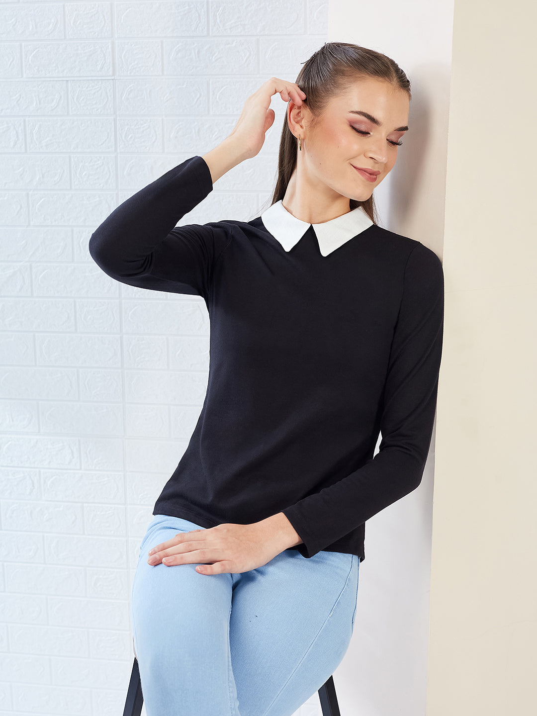 Black Collared Round Neck Full Sleeve Cotton Solid Buttoned Top for Women