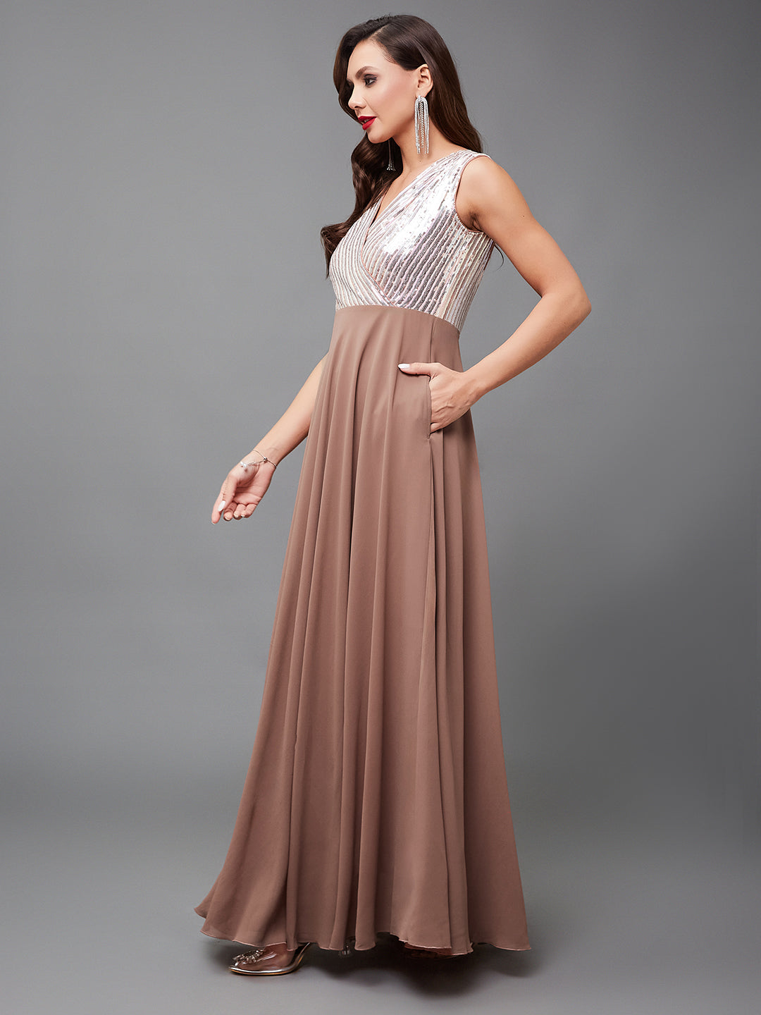 Women's Dusty Peach V-Neck Sleeveless Embellished Wrap Maxi Georgette Dress