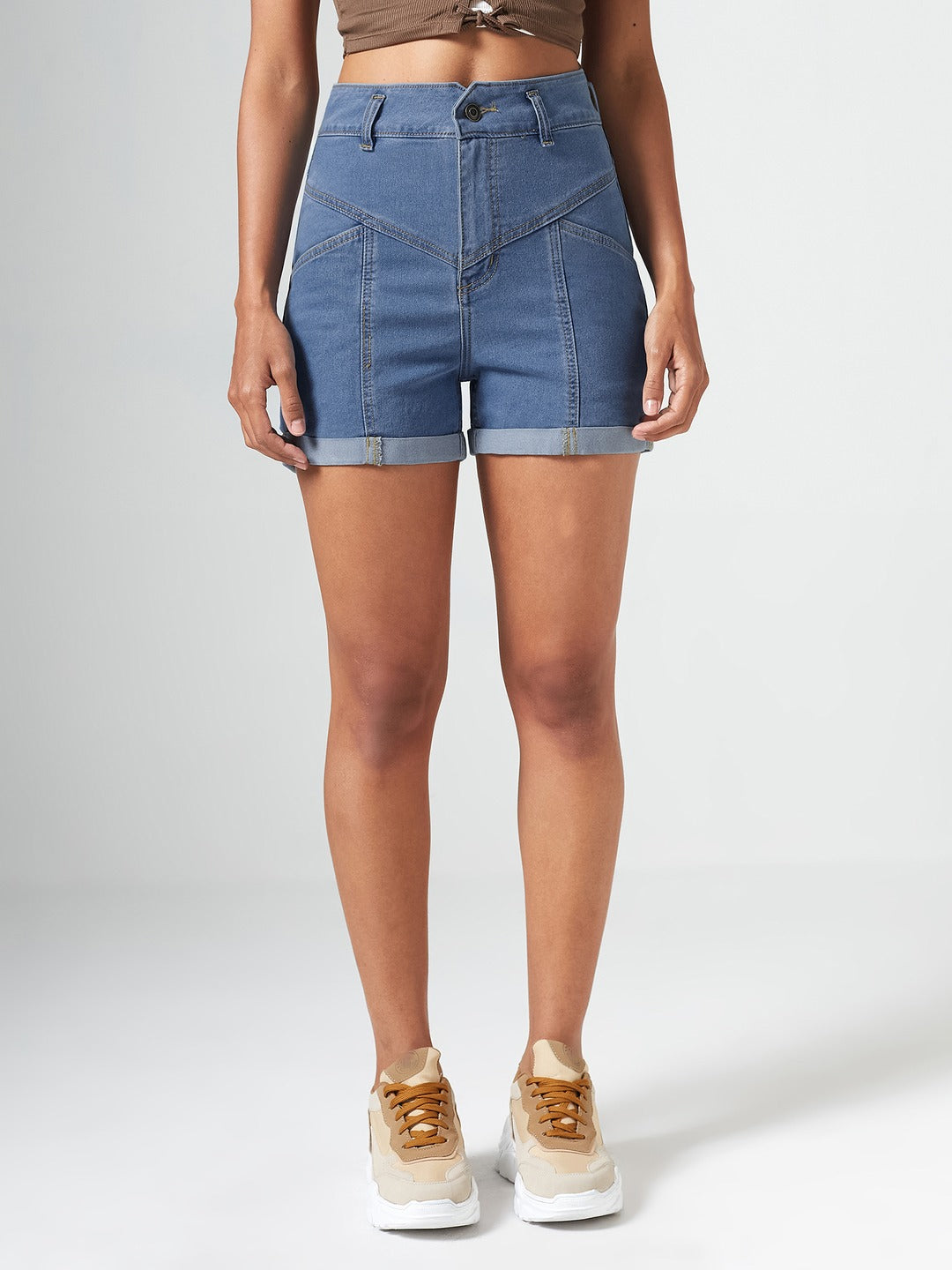 Blue Relaxed-Fit High-Rise Clean-Look Stretchable Blue Denim Shorts for Women