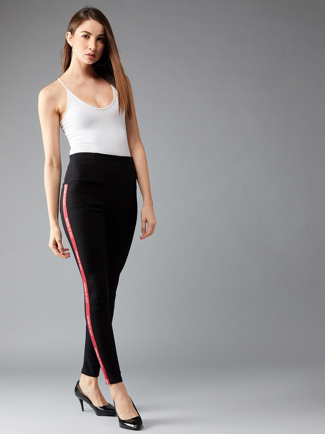 Women's Black Twill Tape Detailing Solid High-Waist Regular Length Patch Pocket Treggings