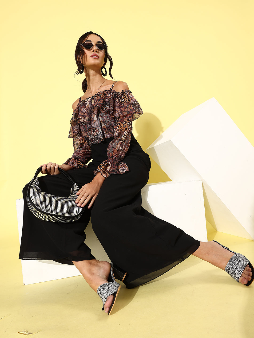 Women's Multicolored-Base-Black Off-Shoulder Ruffled Sleeve Animal Print Frilled Regular Jumpsuit