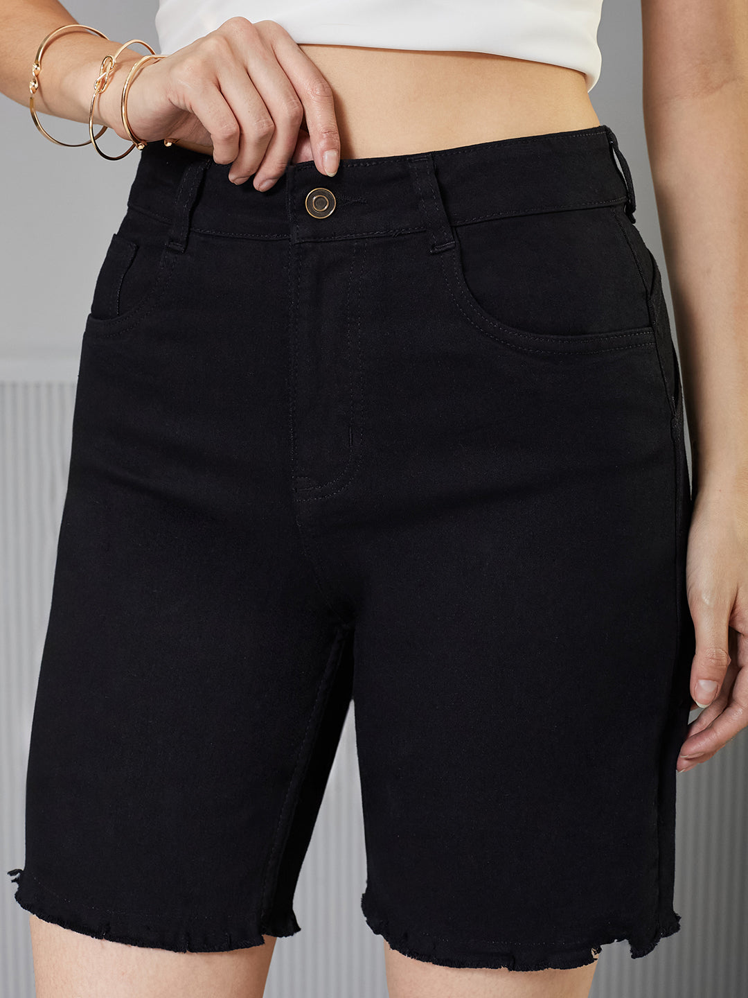Black Regular High-Rise Above Knee Stretchable Denim Shorts for Women