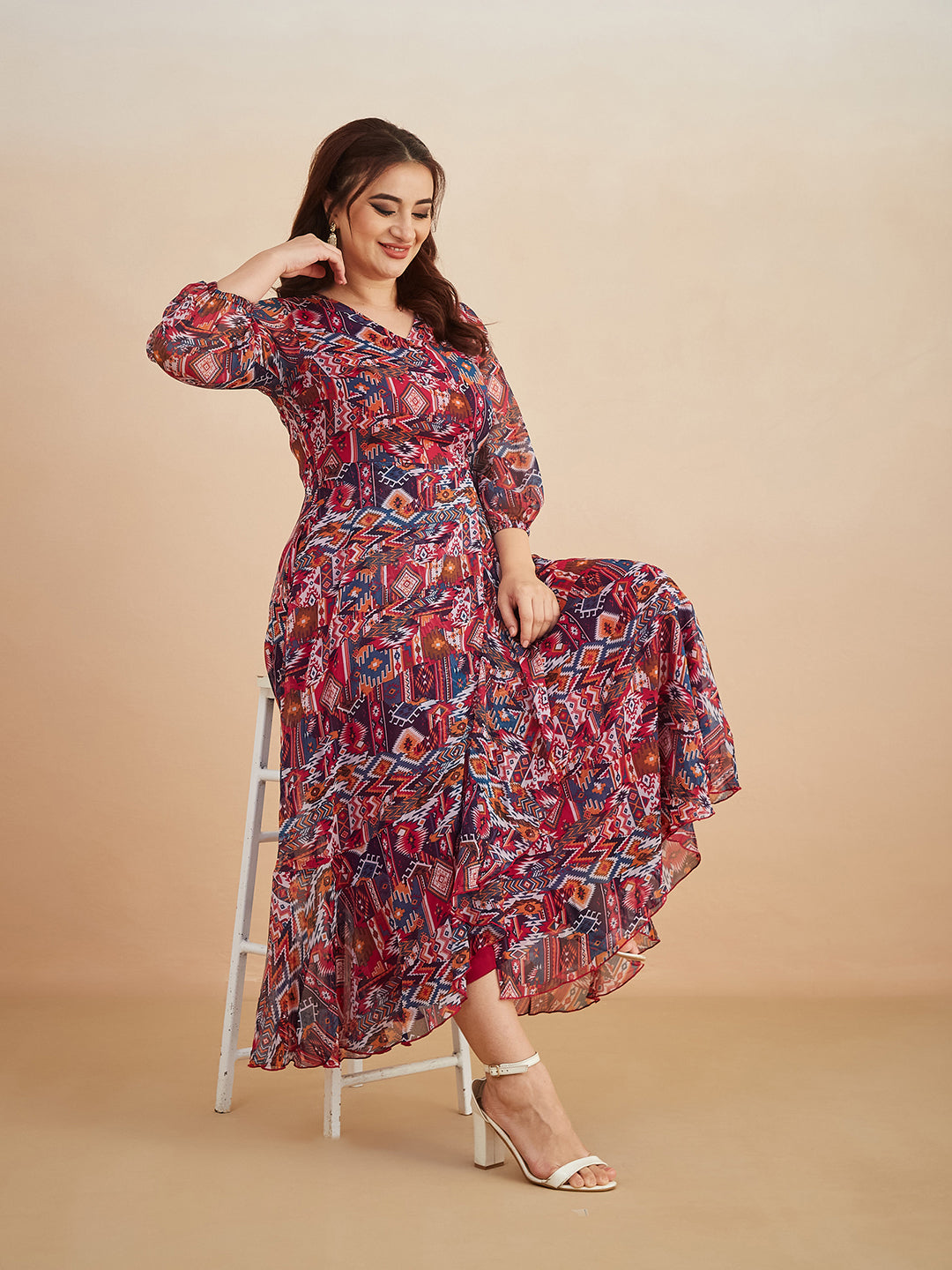 Multicolored V-Neck Three-Quarter Sleeve Geometric Patterned Wrap Midi Chiffon Dress for Women