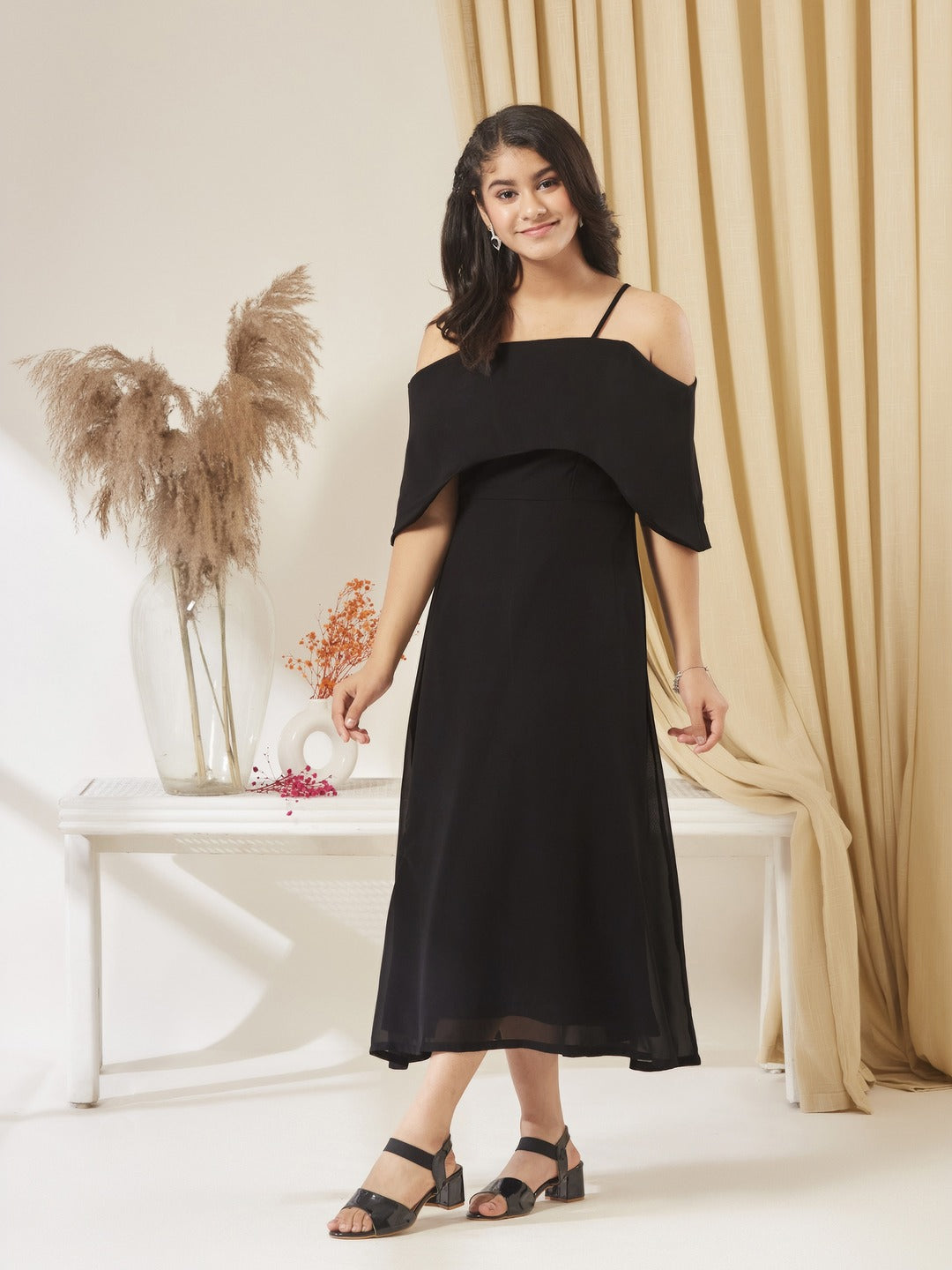 Black Bardot Style Sleeveless Spaghetti Strap Solid Off Shoulder Midi Skater Dress for Girls/Teenagers