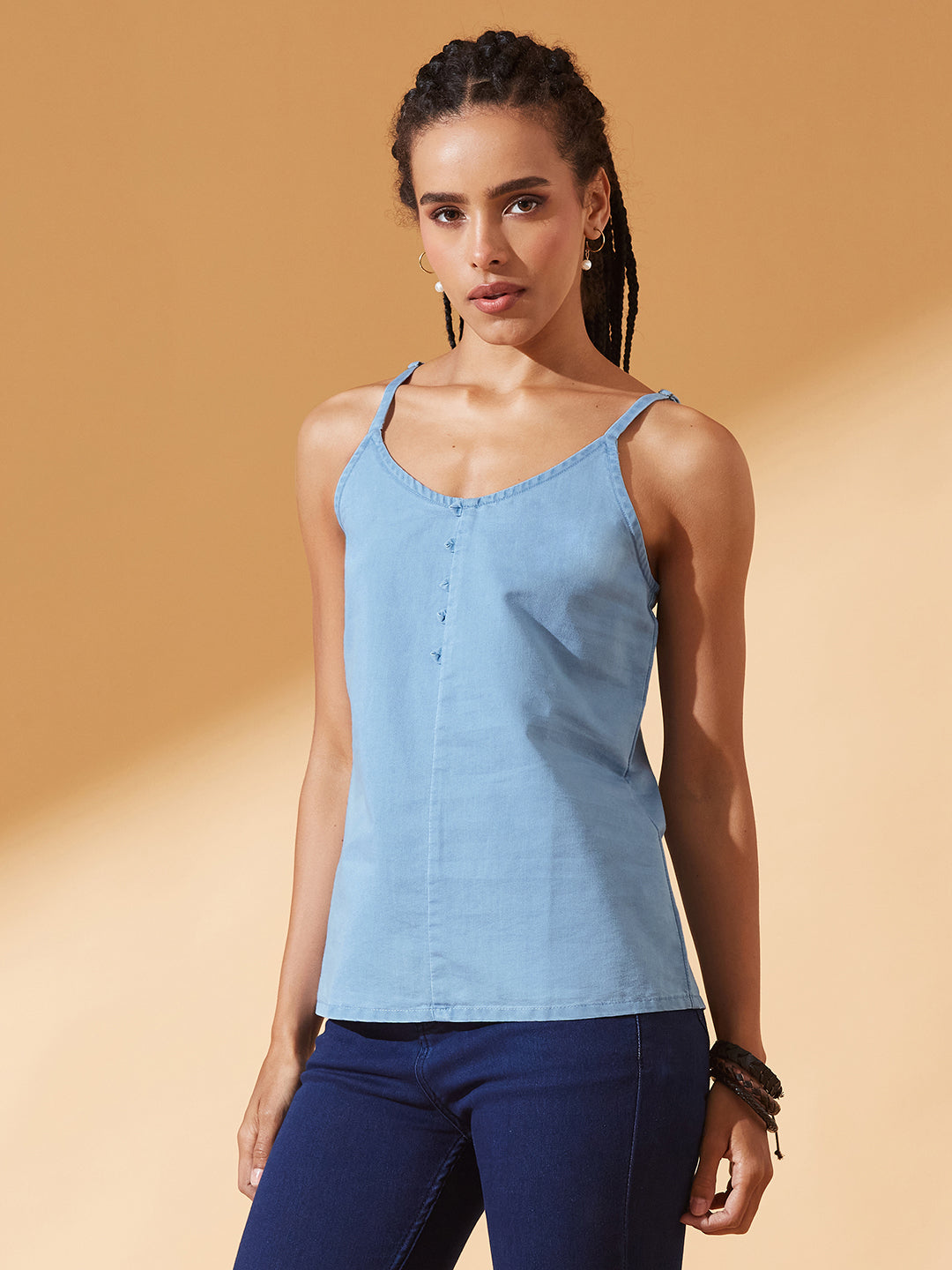 Light-Blue V Neck Sleeveless Cotton Solid Denim Spaghetti Top for Women