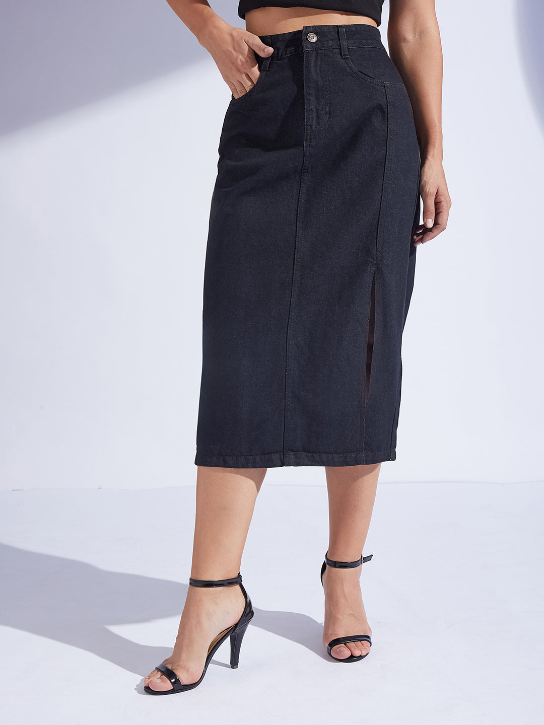 Women's Black Straight-Fit High-Rise Stretchable Denim Midi Skirt