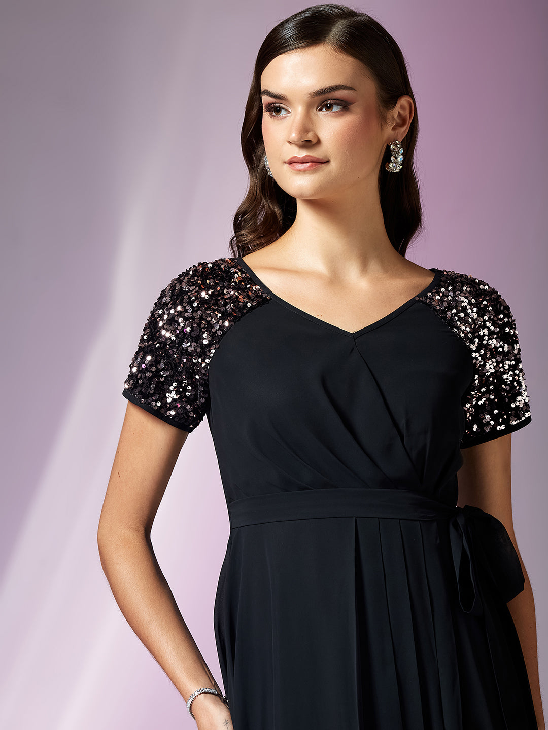 Black Half Sleeves Sequinned Fit and Flare Maxi Dress for Women