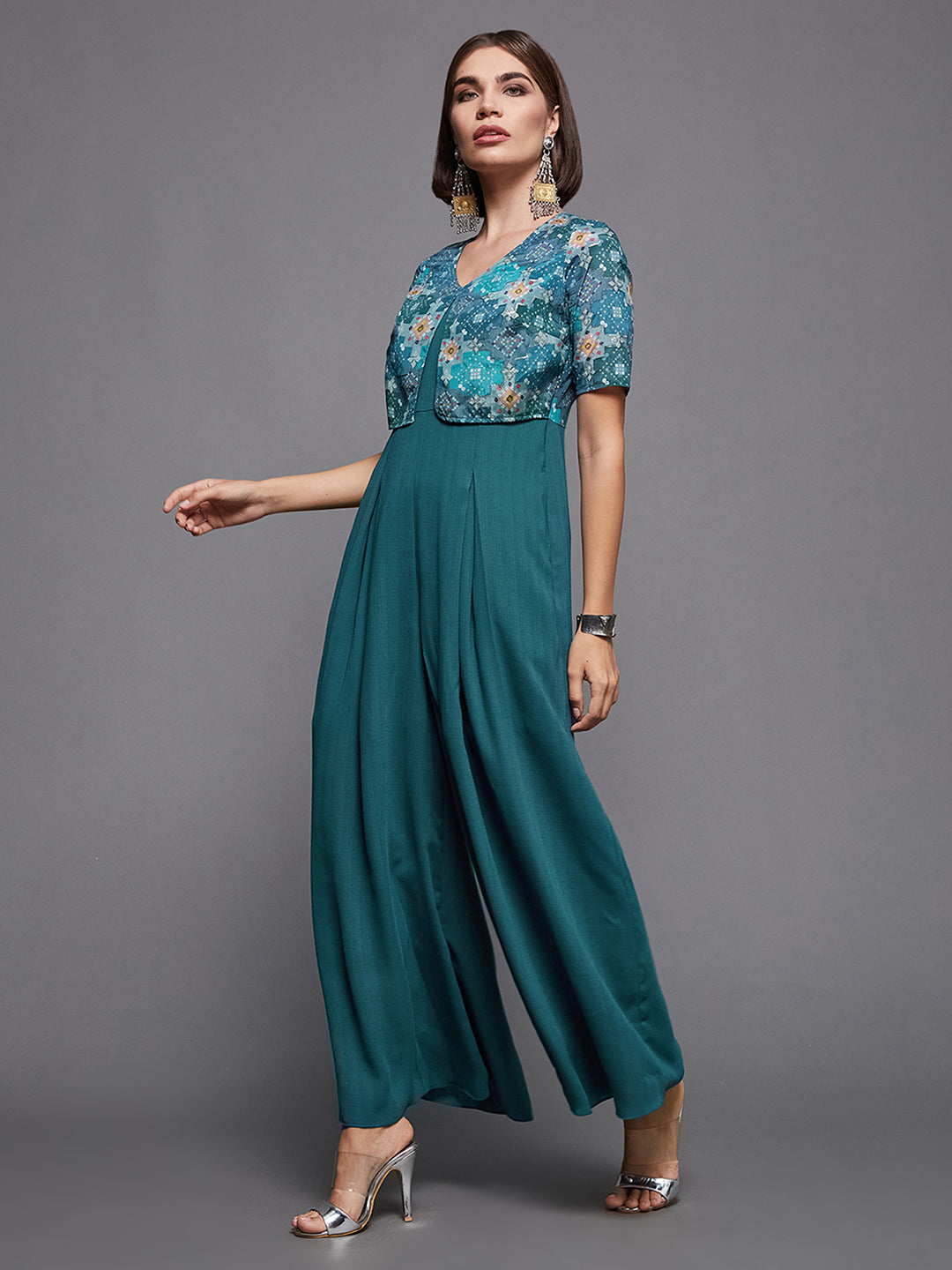 Women's Dusty Turquoise V-Neck Half Sleeves Pleated Solid Jumpsuit