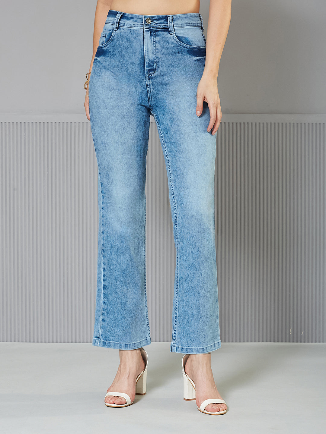 24/7 Comfort Light-Blue Wide-Leg Fit High-Rise Stretchable Denim Jeans for Women