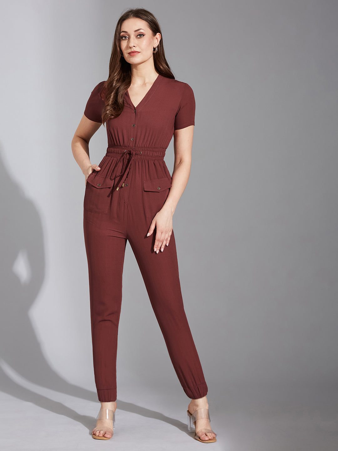 Women's Light Burgundy V-Neck Short Sleeve Solid Straight Leg Polyester Regular Jumpsuit