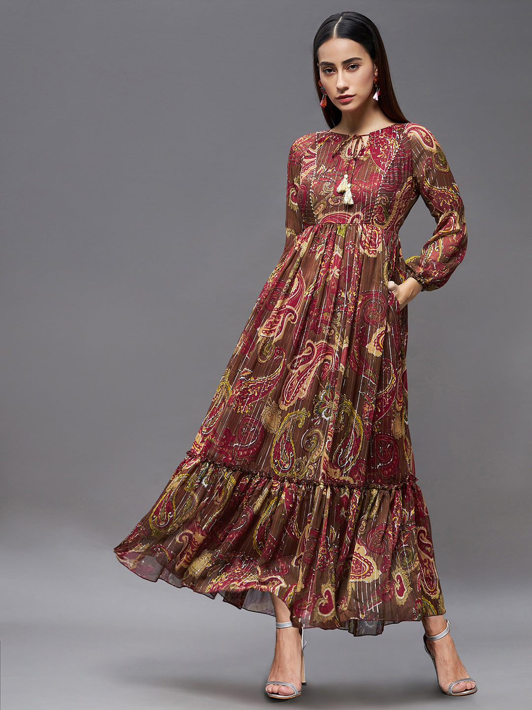 Brown Full Sleeves Printed Maxi Dress Long Dress Frock