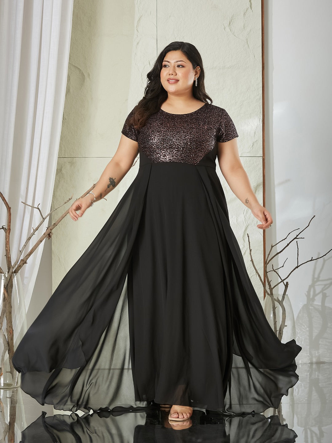 Black Round Neck Short Sleeve Embellished Fit & Flare Maxi Georgette Dress for Women